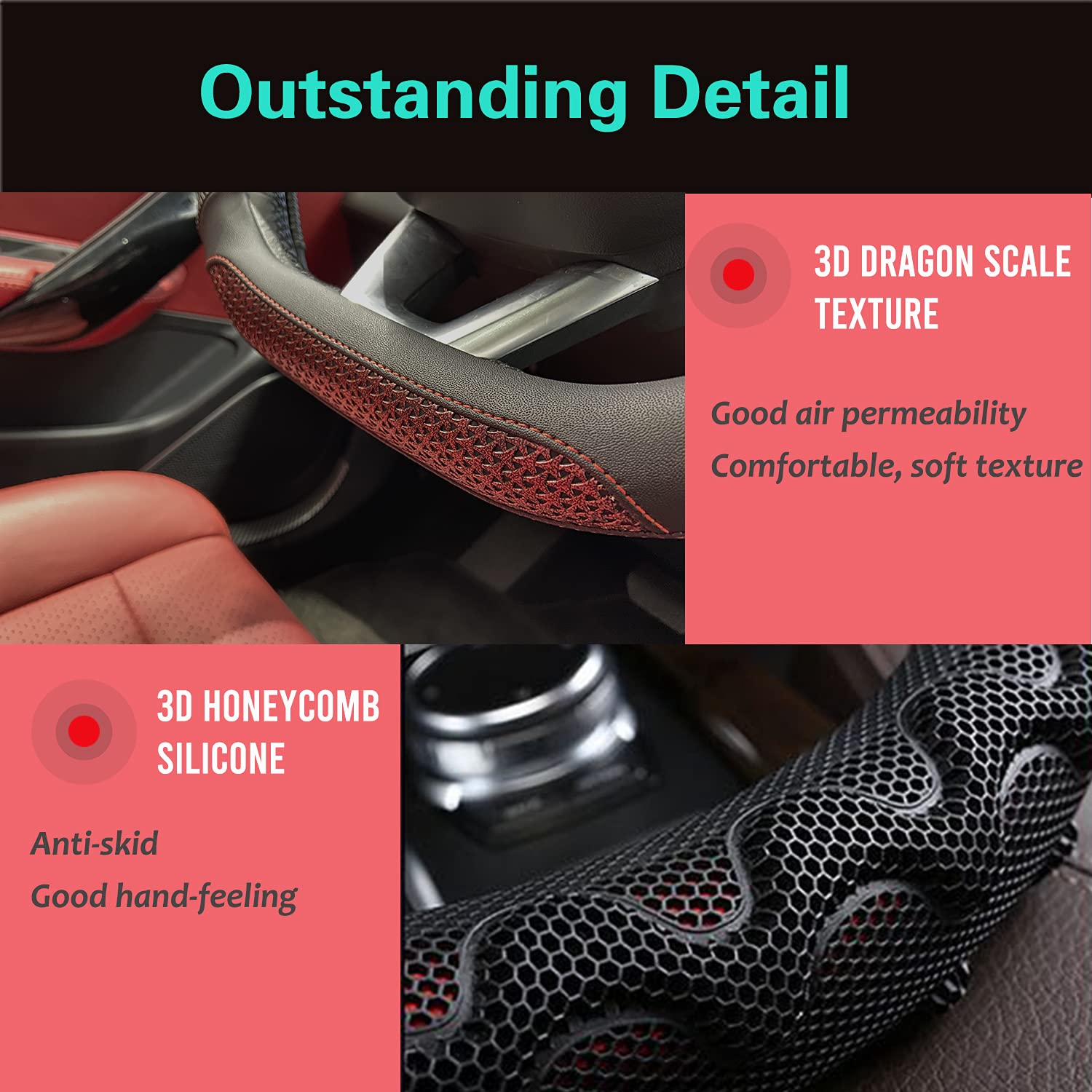 Pinctrot D Shaped 14.5-15 Inch Steering Wheel Cover Great Grip With 3D Honeycomb Anti-Slip Design, Flat Bottom 14.5-15 Inch (Win