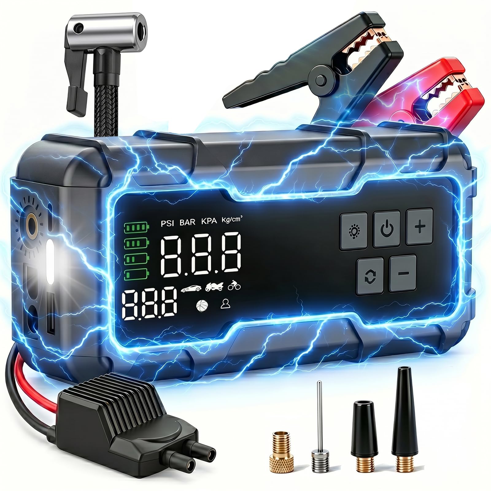 Guistekno 150 PSI 8000A Tire Inflator Portable Air Compressor, Jump Starter with Air Pump with Digital Gauge & LED Light, 12V Ca