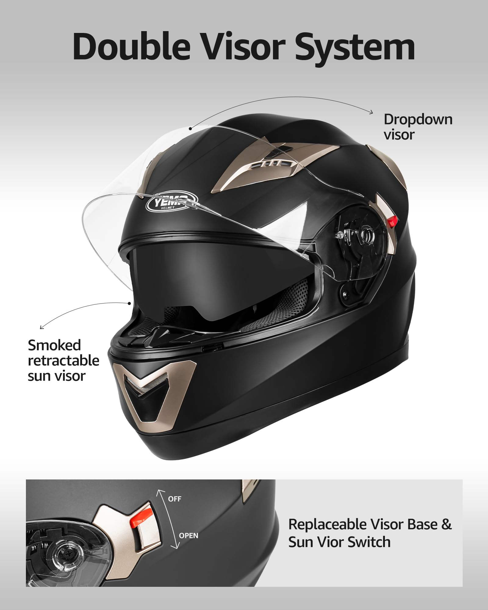YEMA Helmet Motorcycle Full Face Helmet DOT Approved, Medium, Matte Black, Model YM-829, with Sun Visor for Adults and Youth