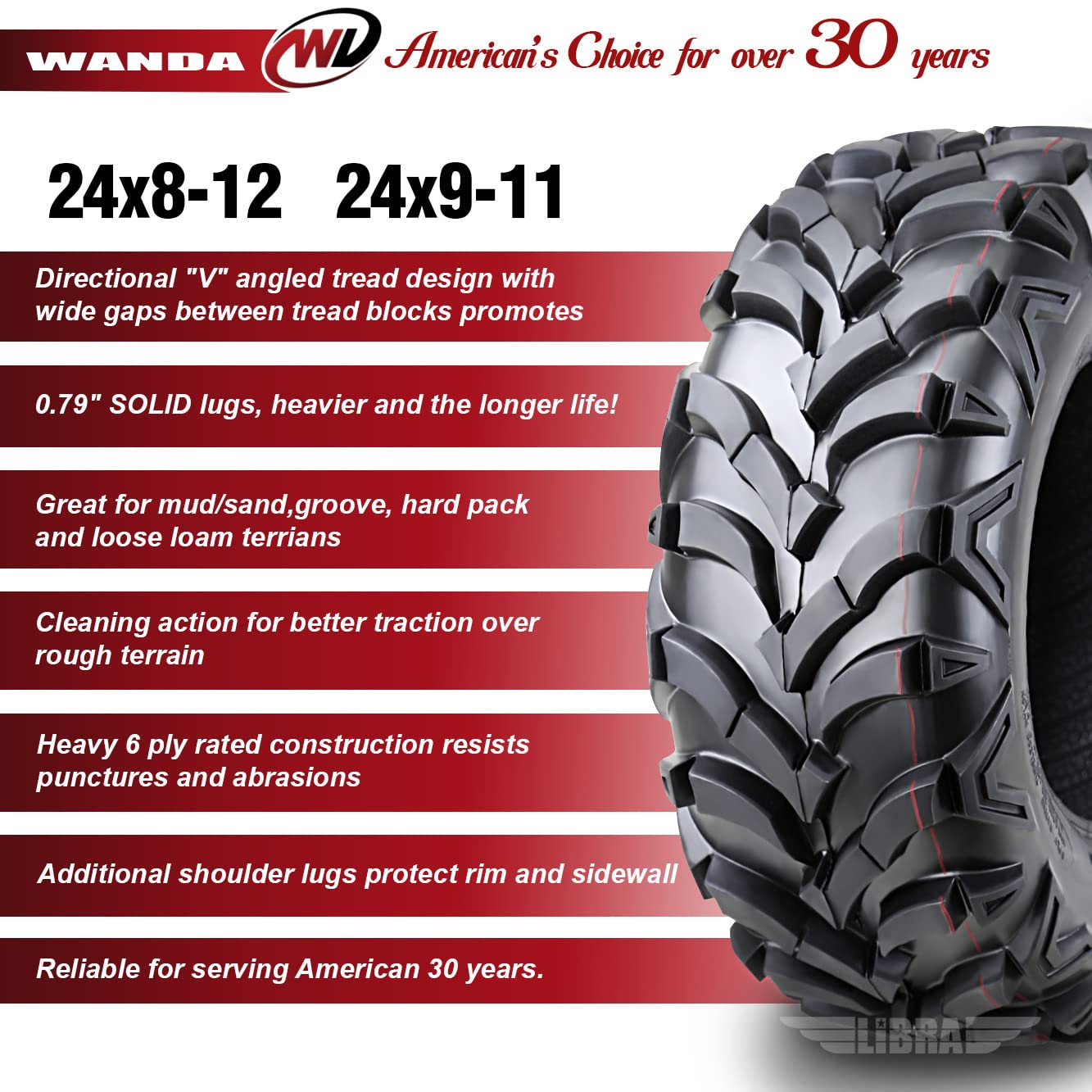 WANDA ATV/UTV Tires Set of 4 - 24x8-12 Front & 24x9-11 Rear, Nylon, Model ATV24S4P341