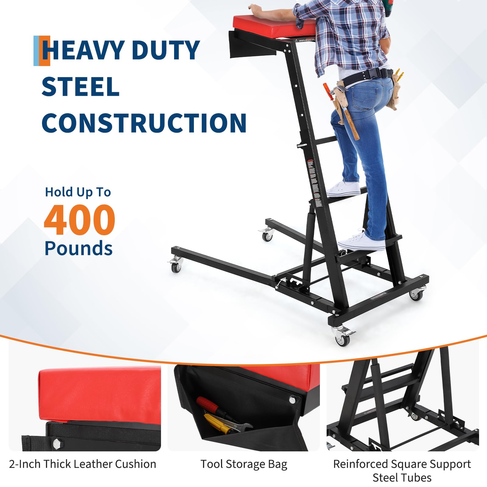 GarveeTech Foldable Automotive Creeper, 45.7"-66.3" Adjustable Height, 400lbs Capacity, Padded Deck, Locking Swivel Casters, H-Base