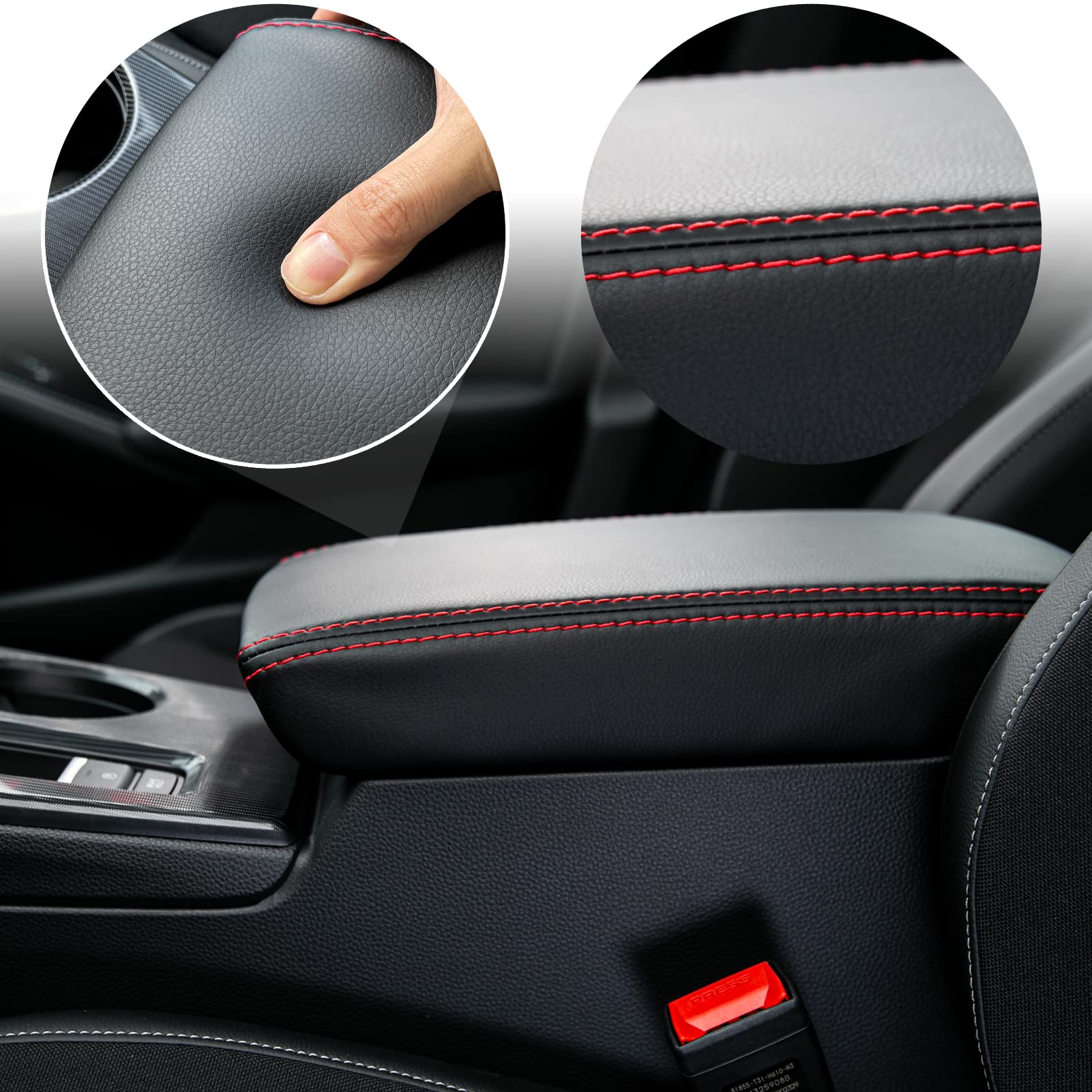 CKE Armrest Cover for Honda Civic 2022-2026 - Black (Red Line), Leather, CVT, Storage Box Lids, Seat Protector