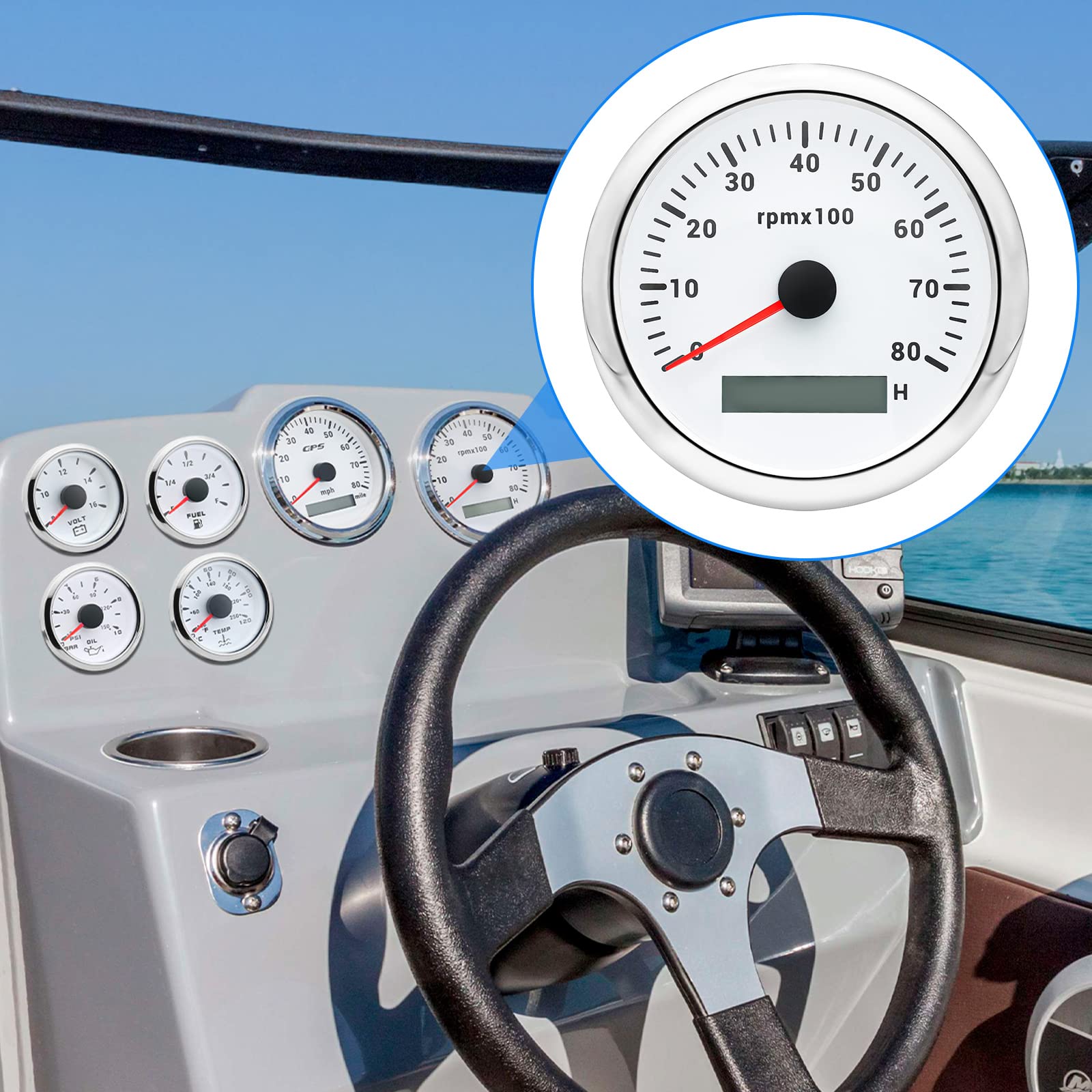 Artilaura Tachometer Boat Tacometro 85Mm 3-3/8'' 7 Color Led 8000 Rpm Gauge For Car Auto Marine Truck 9-32V (White)