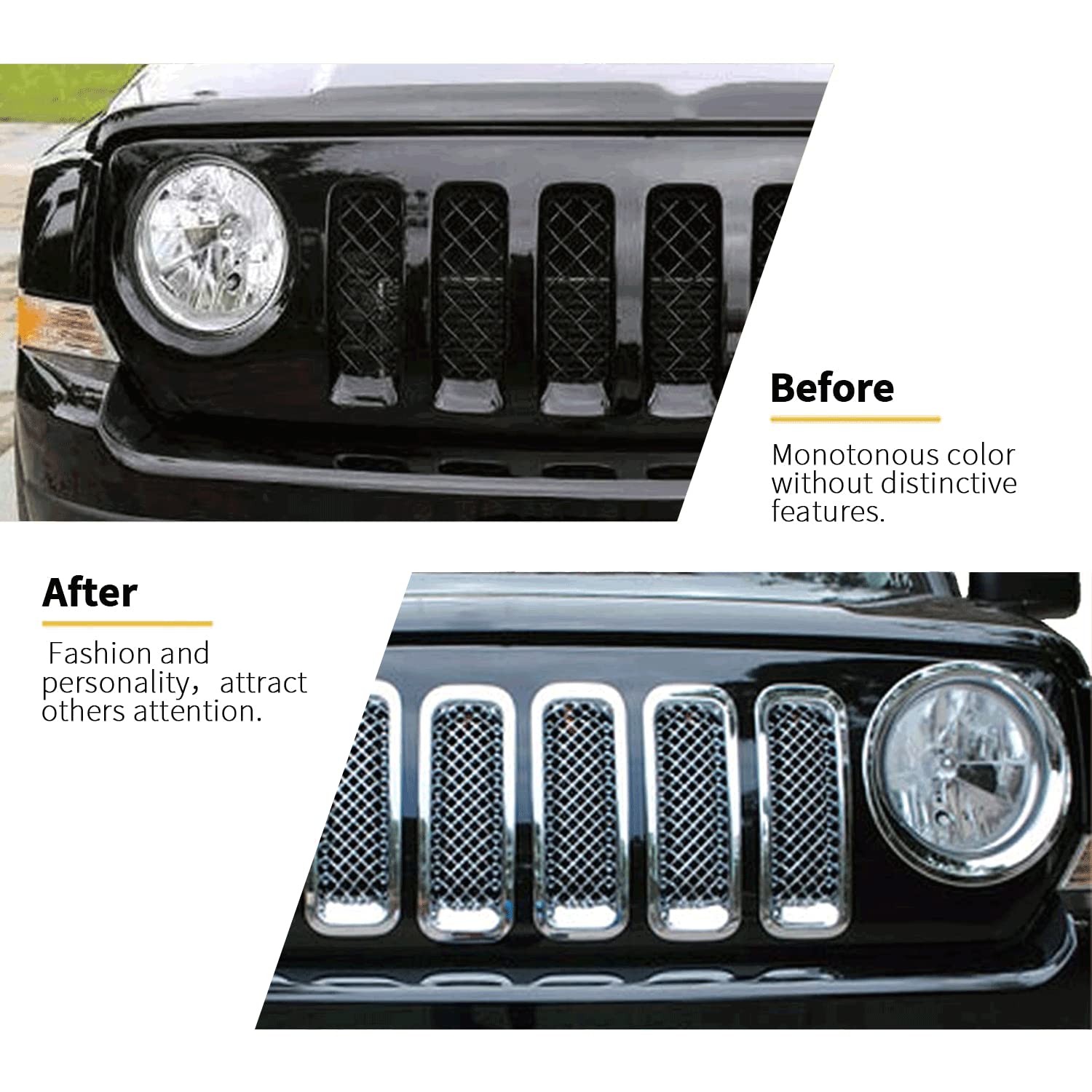 Sqqp Front Grille Grill Mesh Insert Decoration Trim Cover Compatible With 2011-2016 Jeep Patriot, Abs Chrome 7Pcs