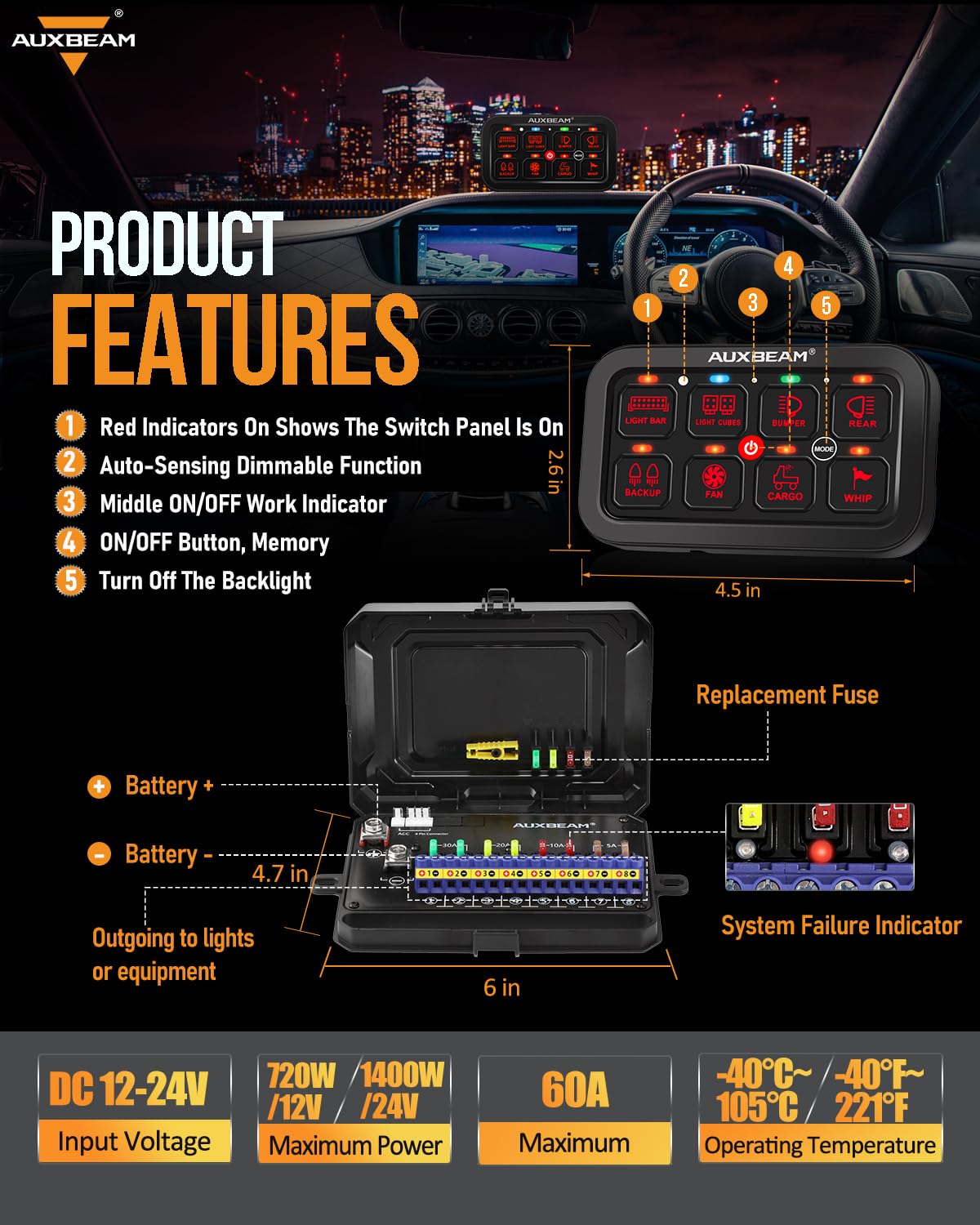 Auxbeam 8 Gang RGB Toggle Switch Panel, Dimmable, Waterproof, Aluminum, Model QPA01078B1-FBA, Easy Installation for Car/Boat/RV