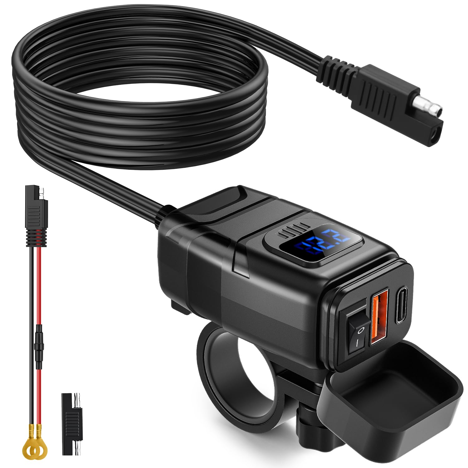 Extractme Motorcycle Phone Charger, 6.4A Dual Usb Type C Pd & Quick Charge 3.0 Motorcycle Usb Charger With Voltmeter & On/Off Sw