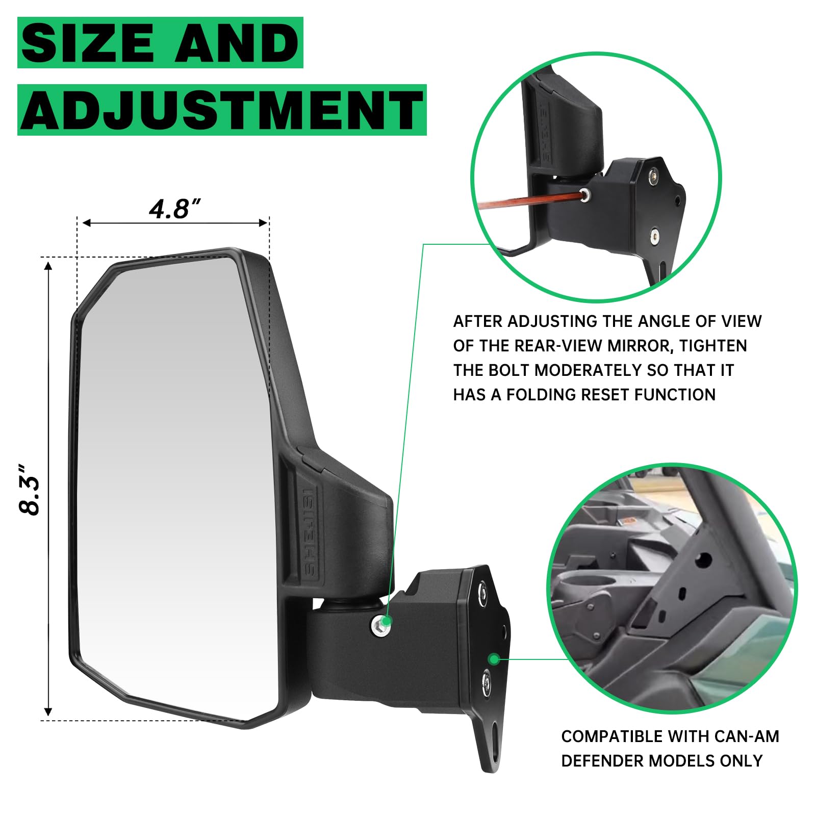 SHEJISI UTV Mirrors - Defender Side Mirrors, Black, ABS, 2024 Model, Compatible with Can Am Defender HD Series