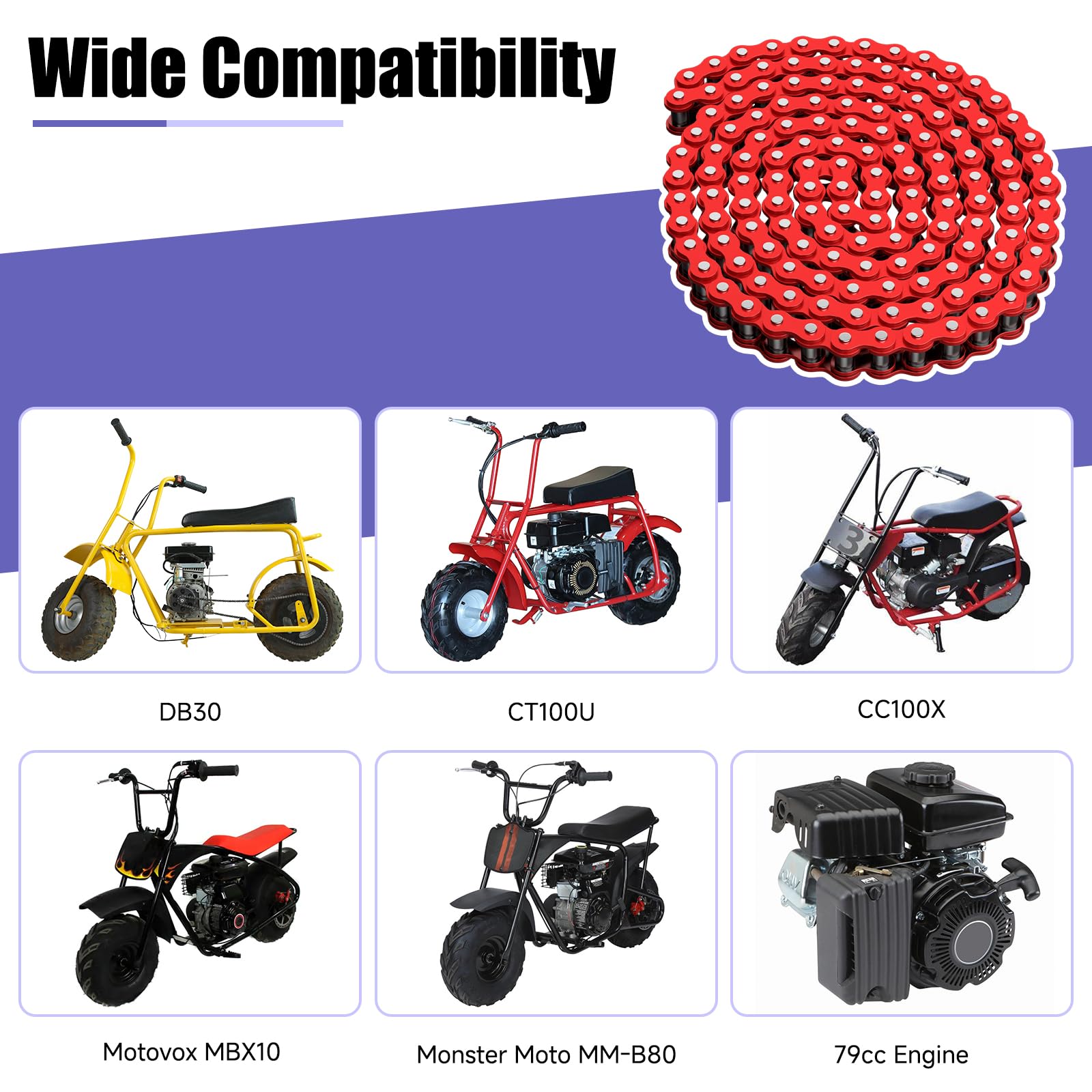 CILOYU 35 Chain for Mini Bikes - Red Metal, Compatible with Coleman CT100U, Baja DB30, Motovox MBX10, Model CO-CH35-RD