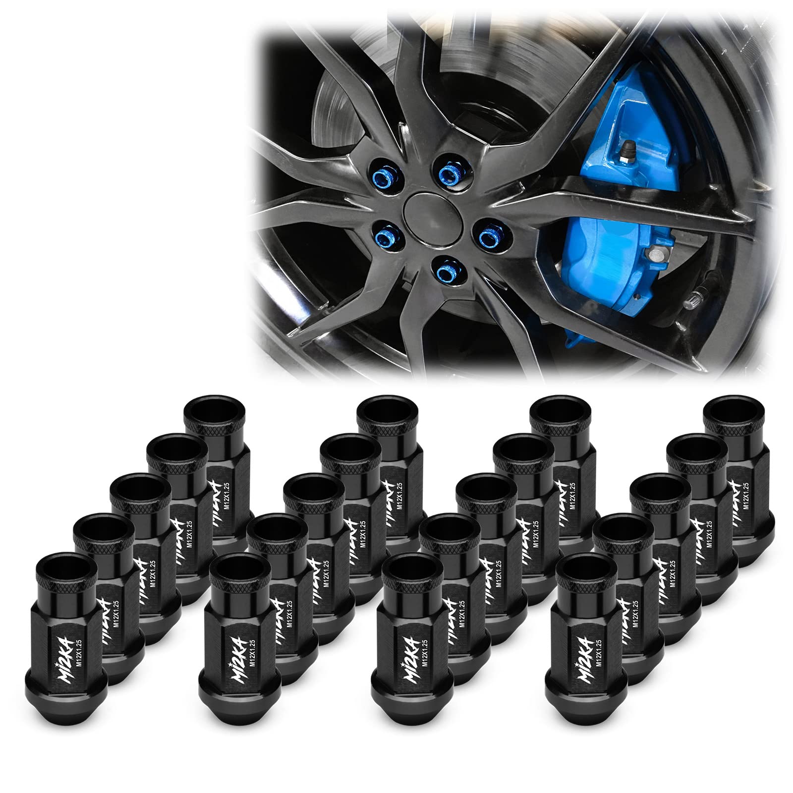 EZAUTO WRAP Black 20 PCS M12x1.25 Lug Nuts Short 50mm Tuner Open End Aluminum Wheels Rims Cap WN01