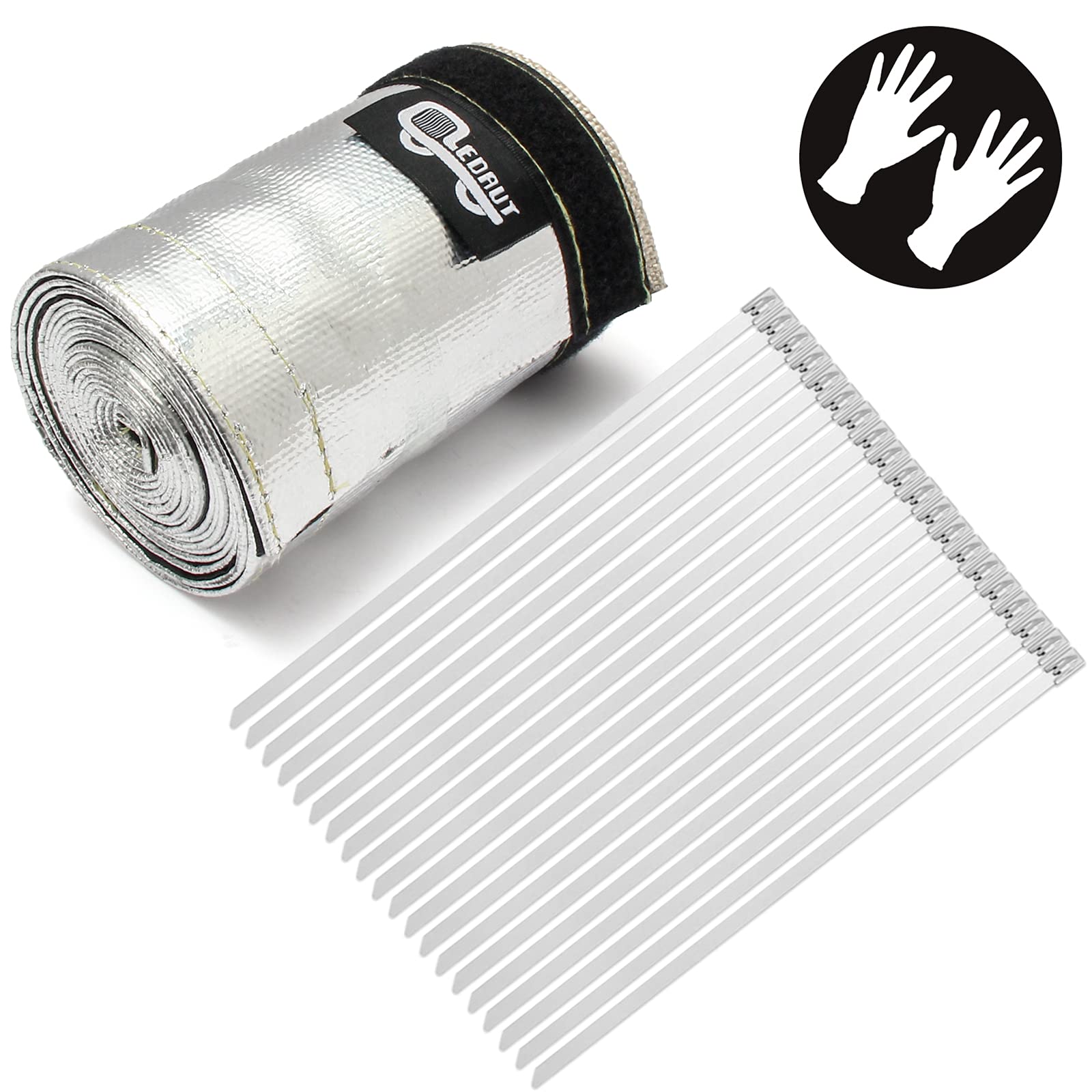 Heat Shroud Aluminized Sleeving Heat Shield Fuel Line Wire Heat Sleeve 1-1/4''I.D. X 10Ft With 20 Pcs 7.8Inch Stainless Steel Ca