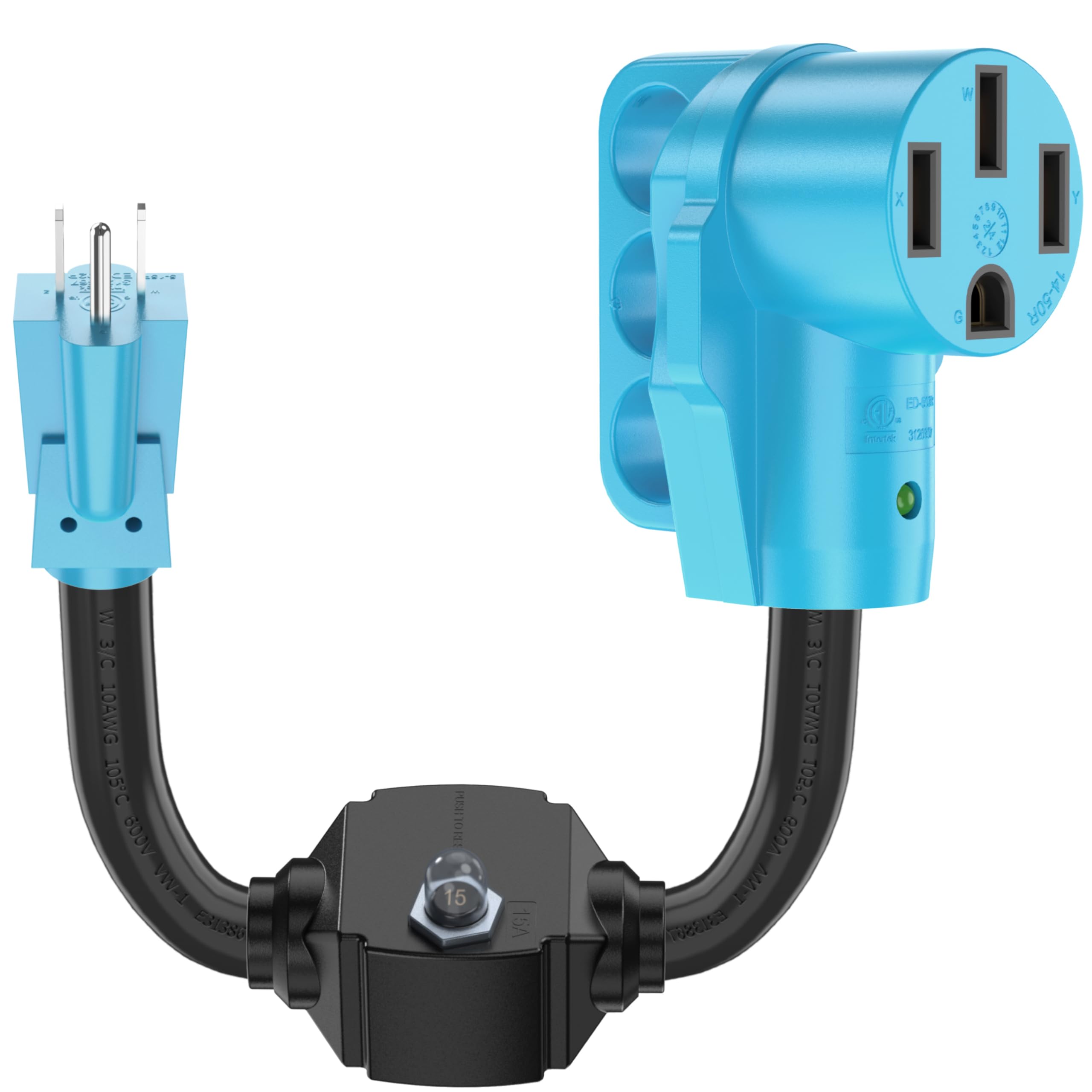 CircleCord 50 Amp to 15 Amp RV Adapter Cord - Heavy Duty 10 Gauge, NEMA 5-15P Male to 14-50R Female, Blue, 15M/