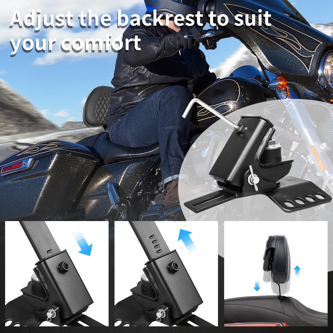 AUFER Black Adjustable Plug-in Driver Rider Backrest Custom Made Compatible With For Touring Models Road King Street Glide Road