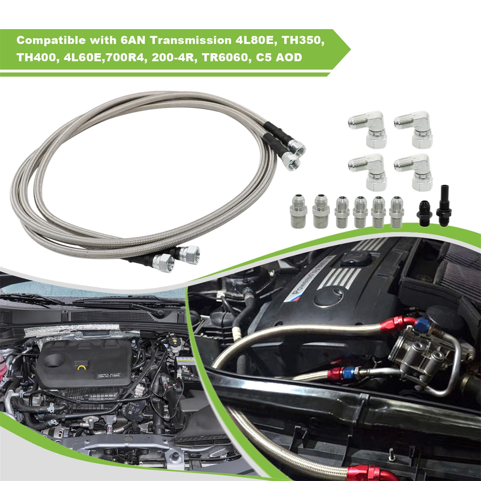 Yunnergo 70'' Transmission Cooler Lines Kit with 6AN Hose Fitting Compatible with 6AN Transmission 4L80E TH350 TH400 4L60E 700R4