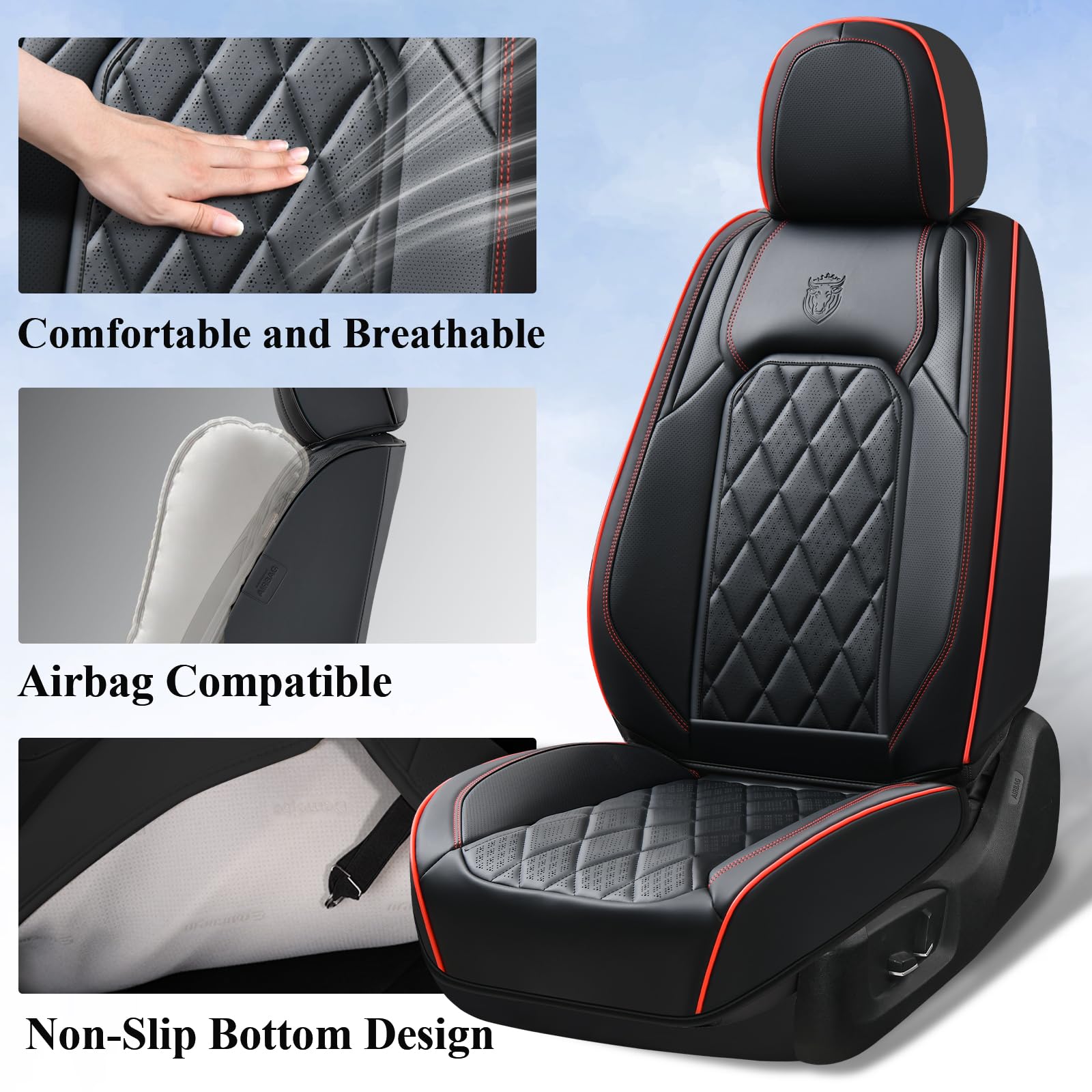 Coverado 2-Pack Faux Leather Car Seat Covers, Waterproof Front Seats, Black&Red, Universal Fit, Model XRC2118