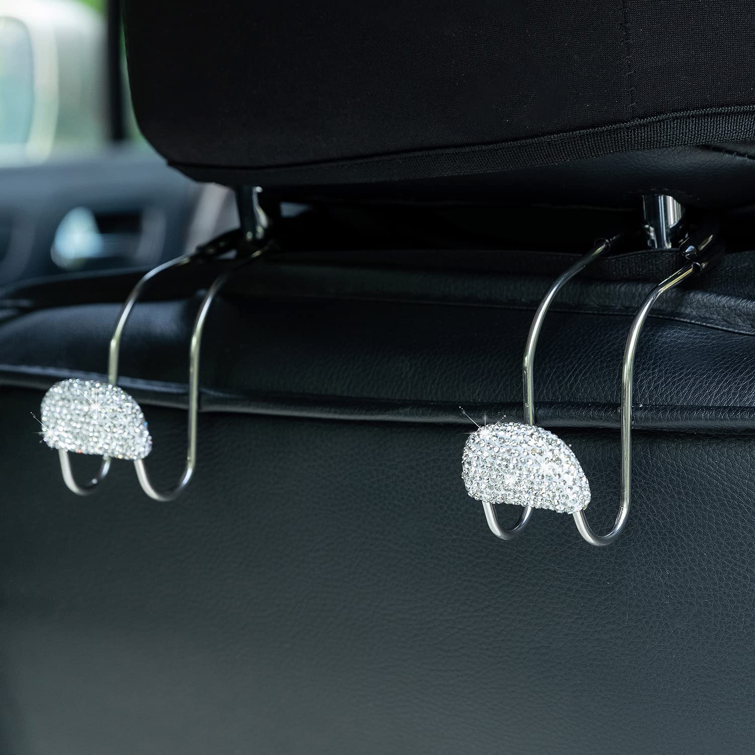 Bling Car Headrest Hook, 2Pcs Auto Headrest Hooks, Bling Car Accessories, Universal Auto Back Seat Headrest Metal Hanger Organizer Vehicle Holder For Bag Purse Clothes Grocery. ( Silver )