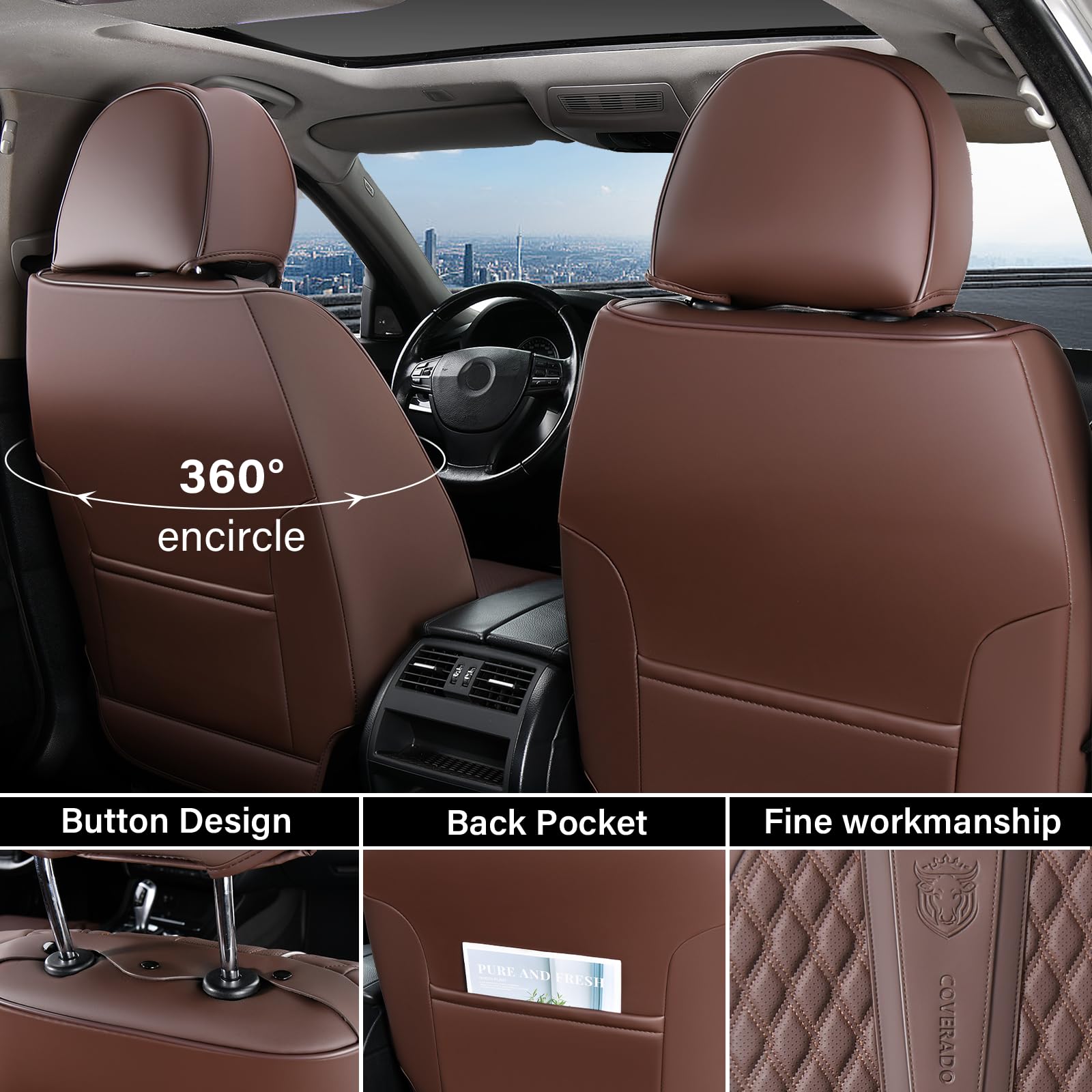 Coverado Car Seat Covers Full Set, Waterproof Leather Protector, Coffee, Model B8859, Universal Fit for Cars, SUVs, Trucks