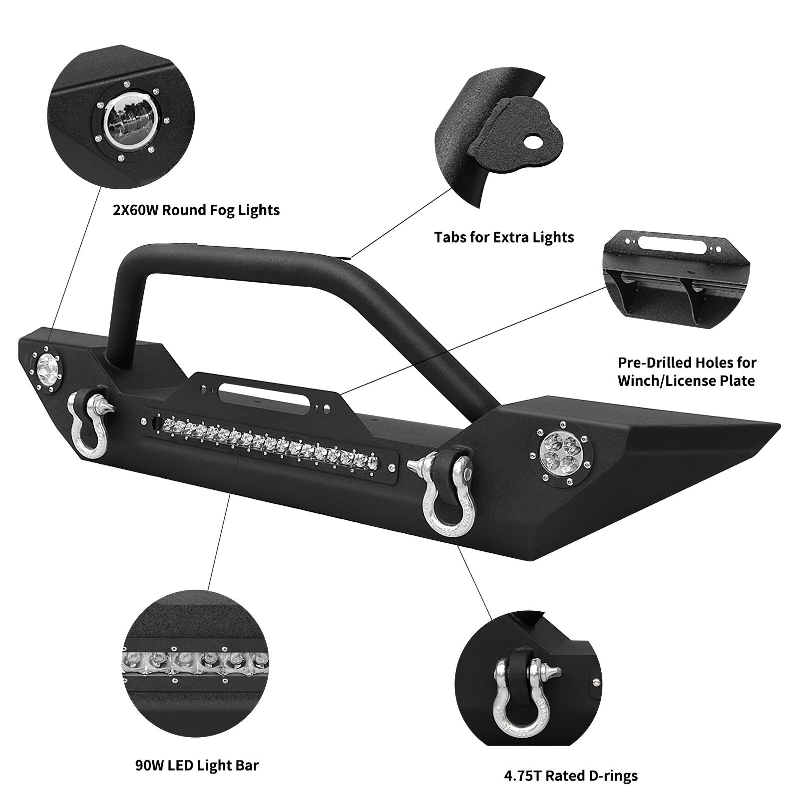 Ledkingdomus Front& Rear Bumper Compatible With 07-18 Jeep Wrangler Jk& Unlimited, Built-In 90W Led Light Bar W/ 2 60W Fog Light