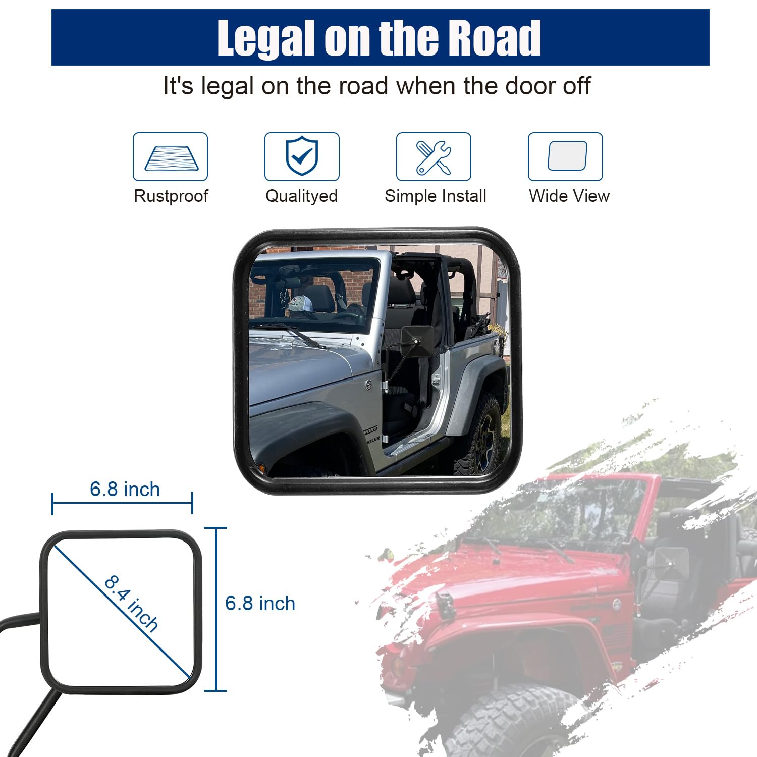 SUNPIE Doors off Mirrors for Jeep Wrangler JK - Side Mirror for Wrangler JK JKU 2/4 Doors 2007-2018, Doorless Side View Mirror f