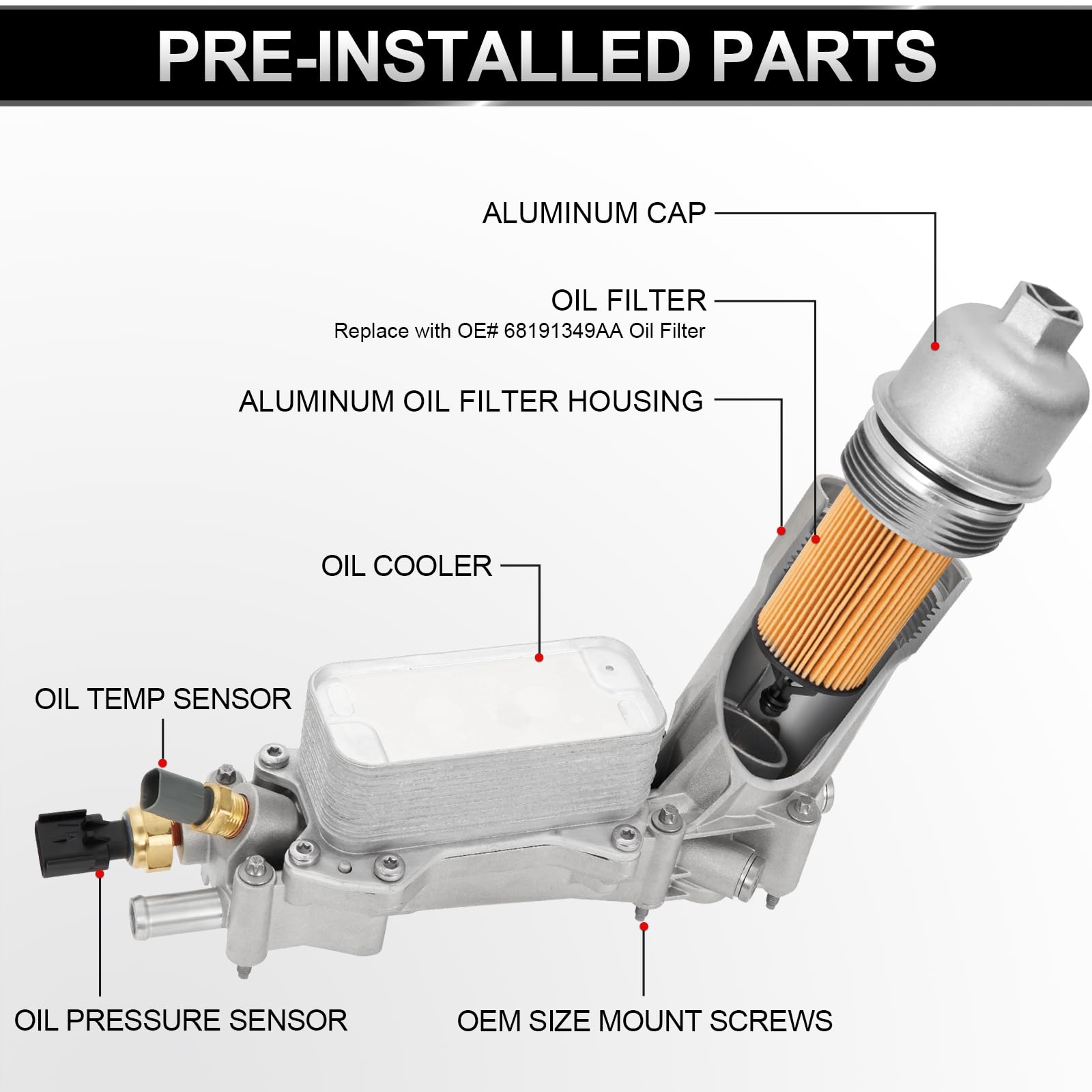 TEMSONE Aluminum Engine Oil Filter Housing Cooler Kit - 2017-2018 Chrysler 200/300, Dodge Charger, 3.2/3.6 V6, Includes Gaskets &