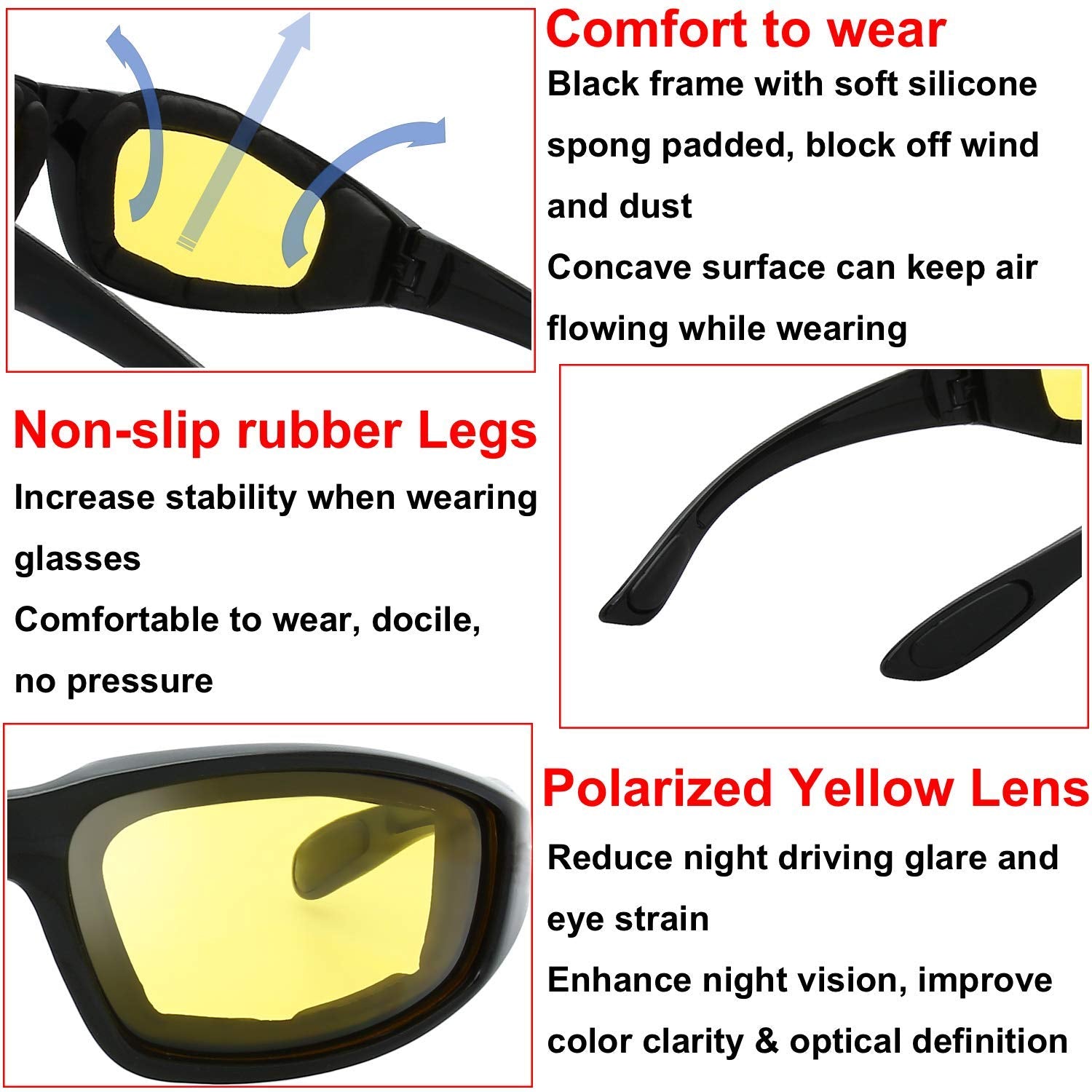 The Fresh Motorcycle Riding Glasses Padded Frame Lens Block 100% UVB for Outdoor Activity Sport (1401-Matte Black, 1 Pair of Nig