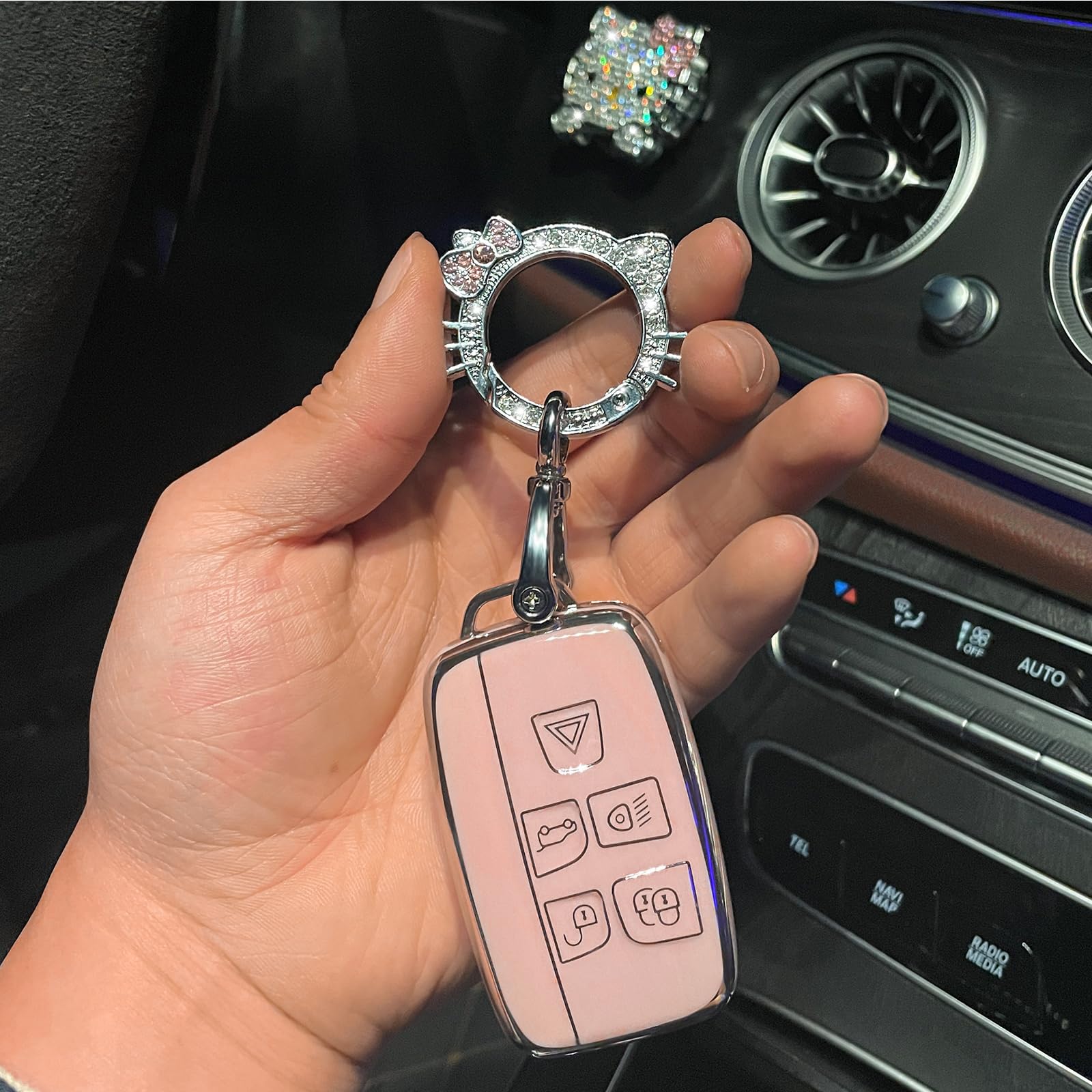 Pangpai Pink Key Fob Cover Set for Chevy 4 Button Models - Bling Keychain & Push to Start Button Cover
