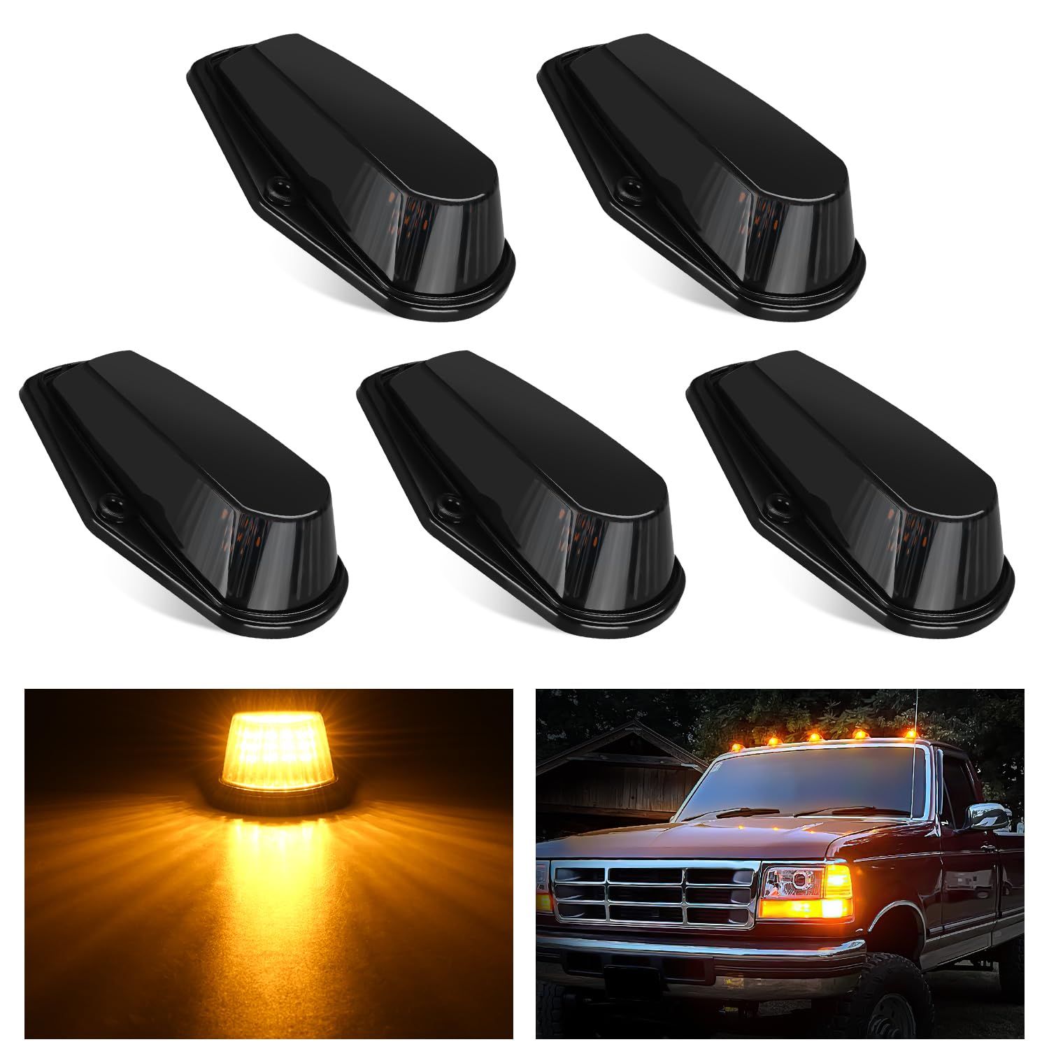 Nilight Led Cab Marker Lights 5 Pcs 16 Led Smoke Lens Amber Clearance Roof Running Light Compatible With1984-1997 Ford F150 F250