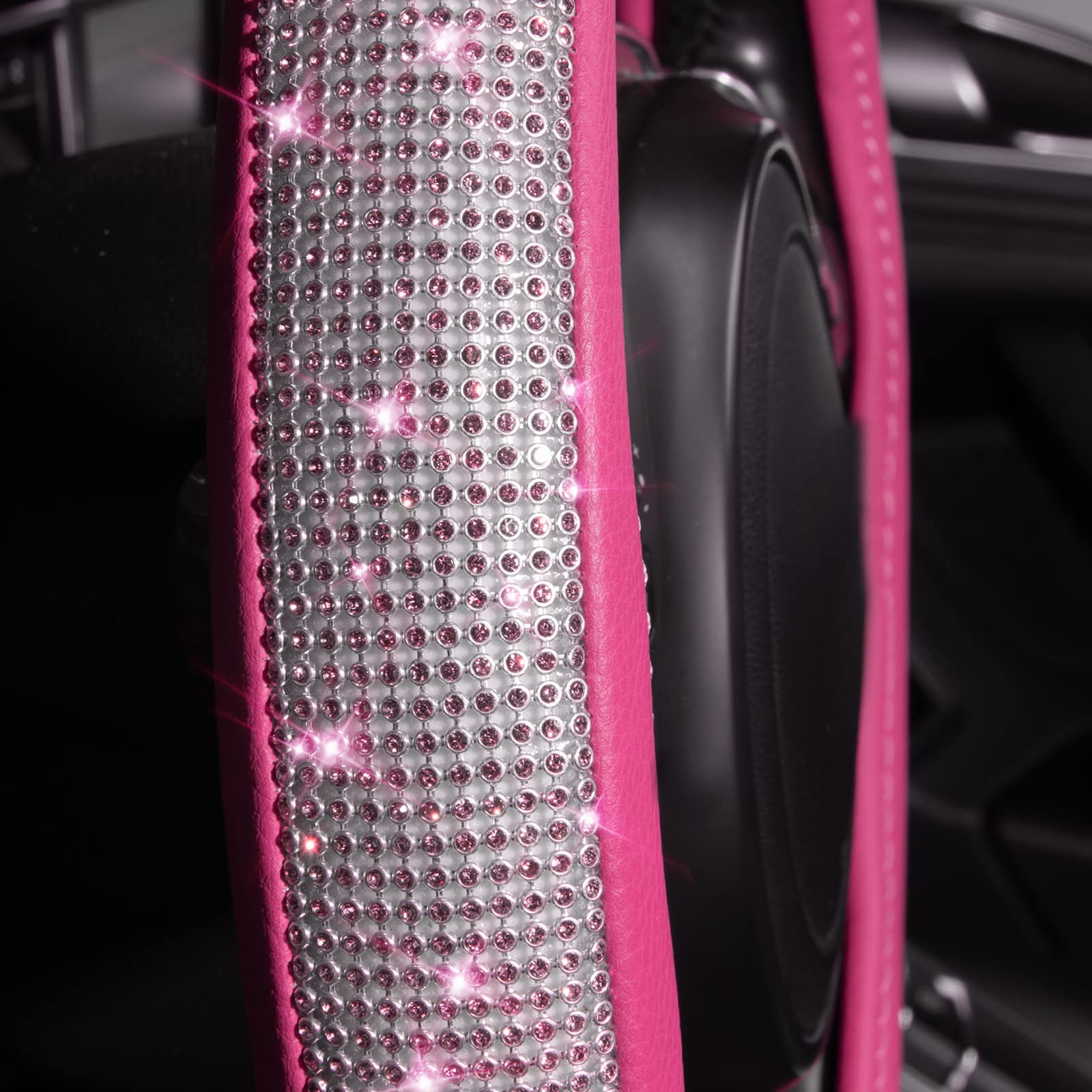 CAR PASS Diamond Pink Leather Steering Wheel Cover, Bling Crystal Rhinestones, Universal Fit 14.5"-15", for SUVs, Vans, Sedans, Trucks
