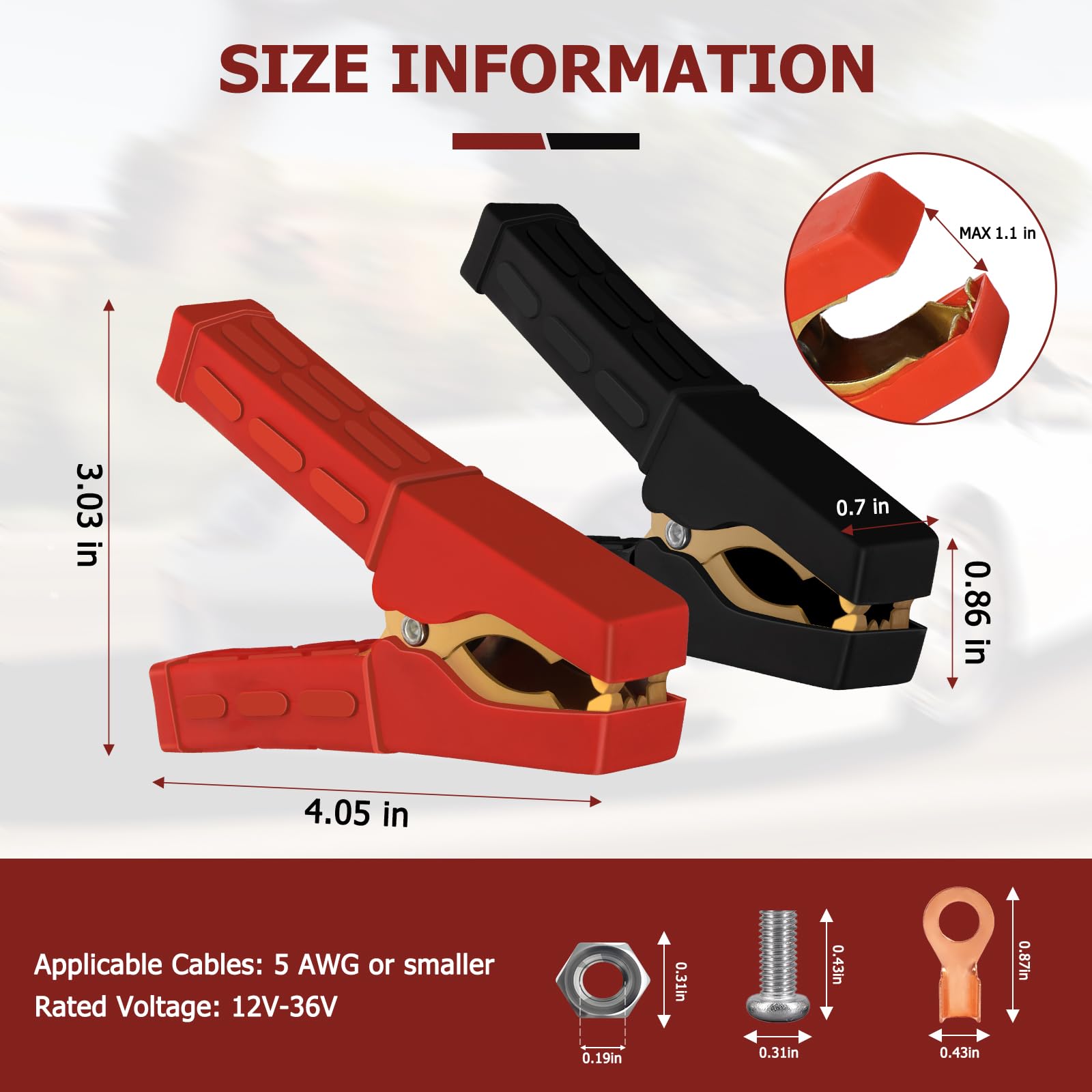 Jumper Cable Clamps 1 Pair, Battery Clamps Pure Copper, Battery Charger Clamps 4 Inch, Jumper Cable Ends Heavy Duty With Insulat