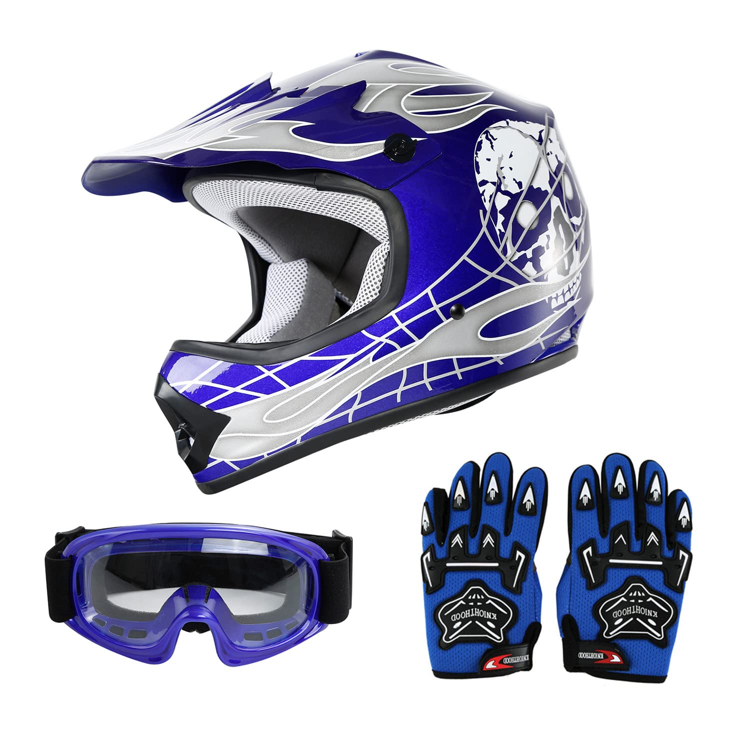 Slmoto Dot Youth Kids Helmet Motocross Offroad Street Helmet Motorcycle Helmet Dirt Bike Motocross Atv Blue Skull Design Helmet+Goggles+Gloves Medium