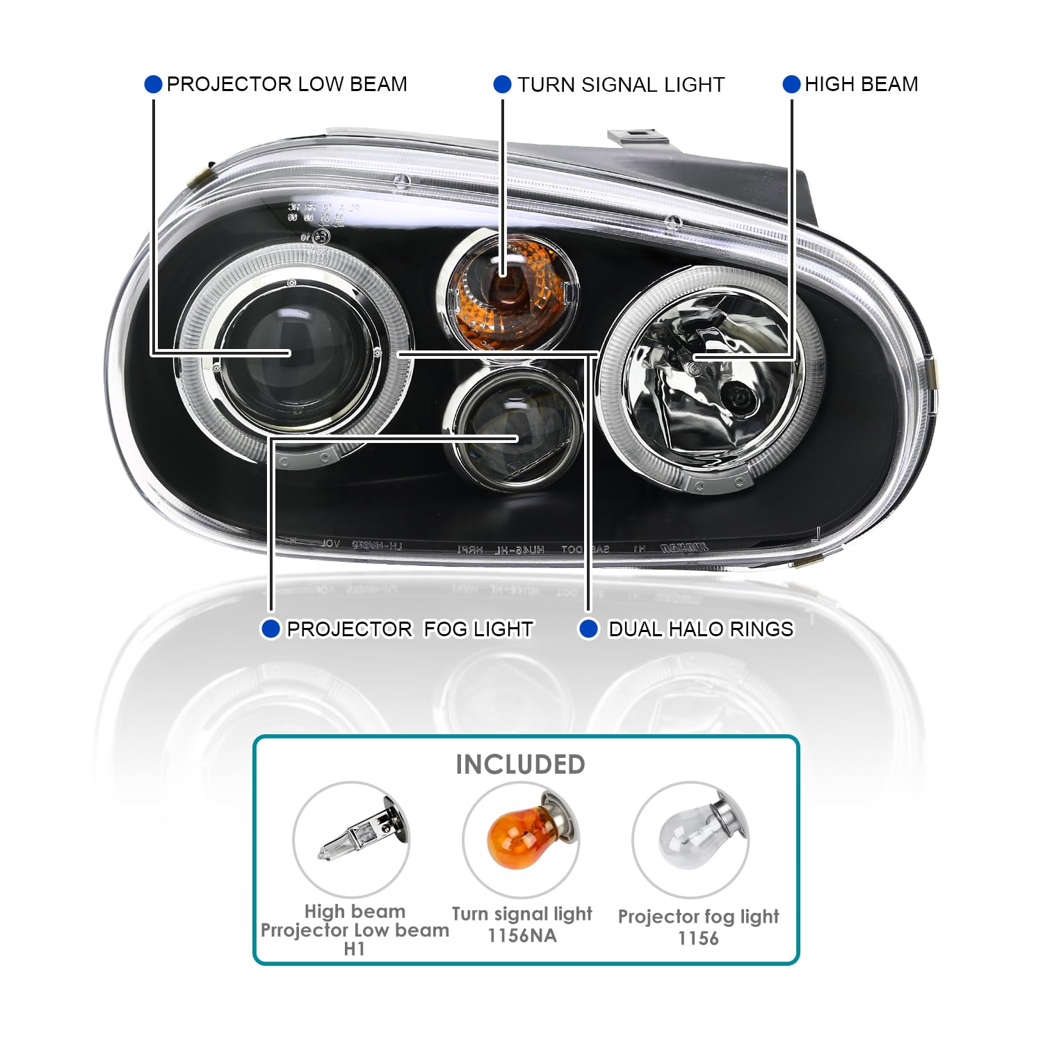 SPEC-D Tuning Euro Black Projector Headlights for 1999-2006 VW Golf/GTI, Left + Right Pair, Black Housing Clear Lens, Model LHP-GLF99JM