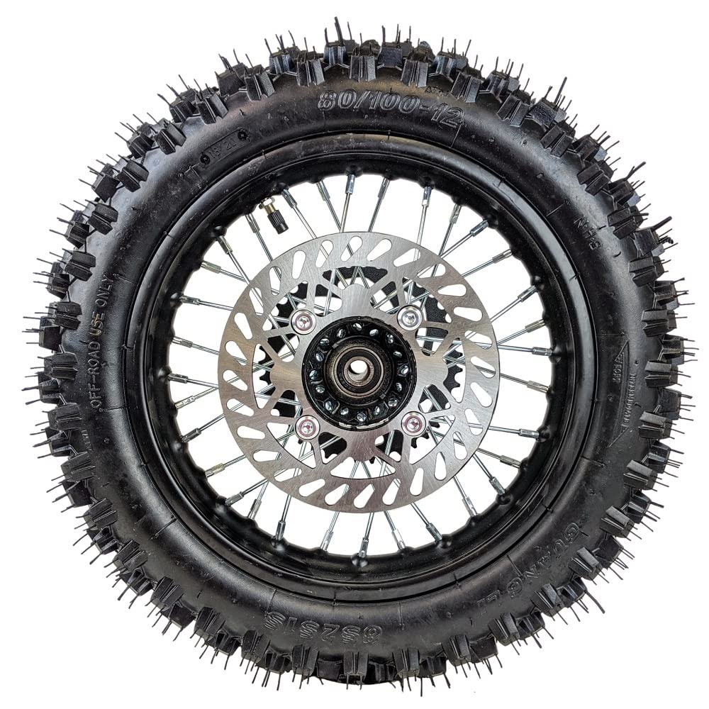 RedCap 12" Rear Rim Wheel Disk Brake with 80/100-12 Tire Tube, Stainless Steel, Black, 15mm Axle, Includes Brake Rotor & 428 41T S