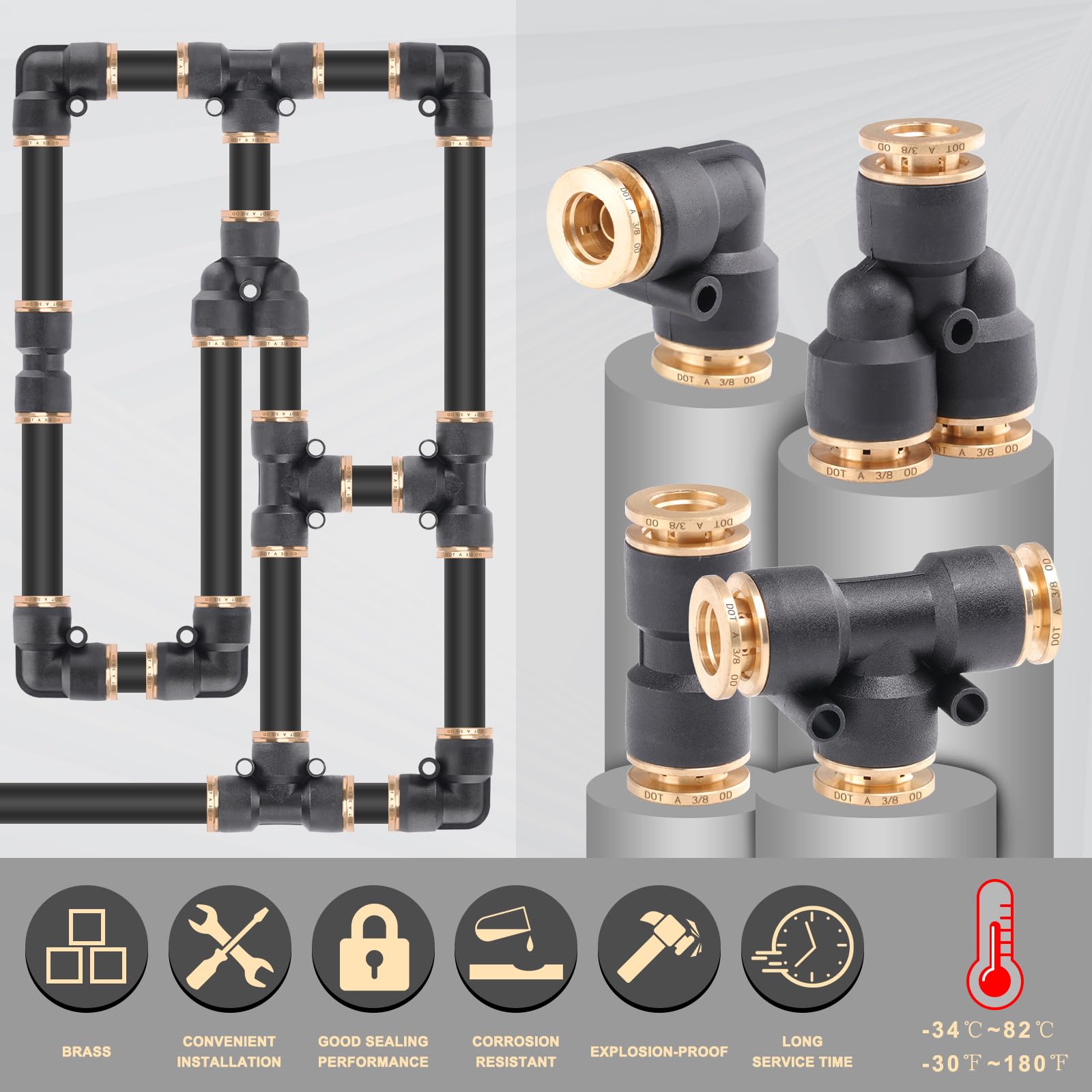 Cheemuii 31 Pcs Dot Air Brake Line Fittings 1/4'' 3/8'' Push To Connect Fittings Quick Connect Air Hose Fittings Repair Kit For