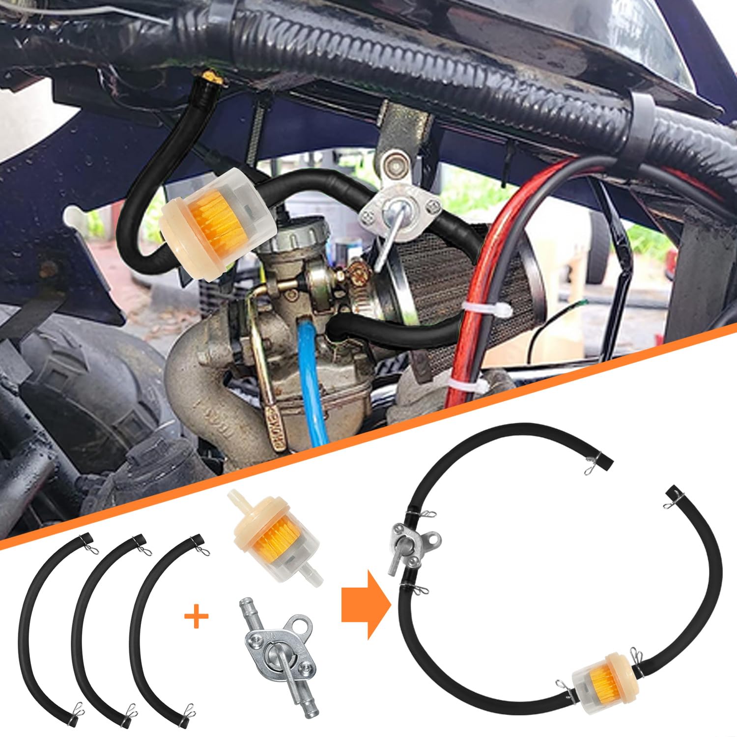 Holato Gas Fuel Line Hose Clamps Fuel Filters With Inline Shut Off Valve Petcock Set For 50Cc 70Cc 90Cc 110Cc 125Cc 150Cc Taotao Coolster Apollo Baja Atv Four Wheeler Dirt Pit Bike (Black)