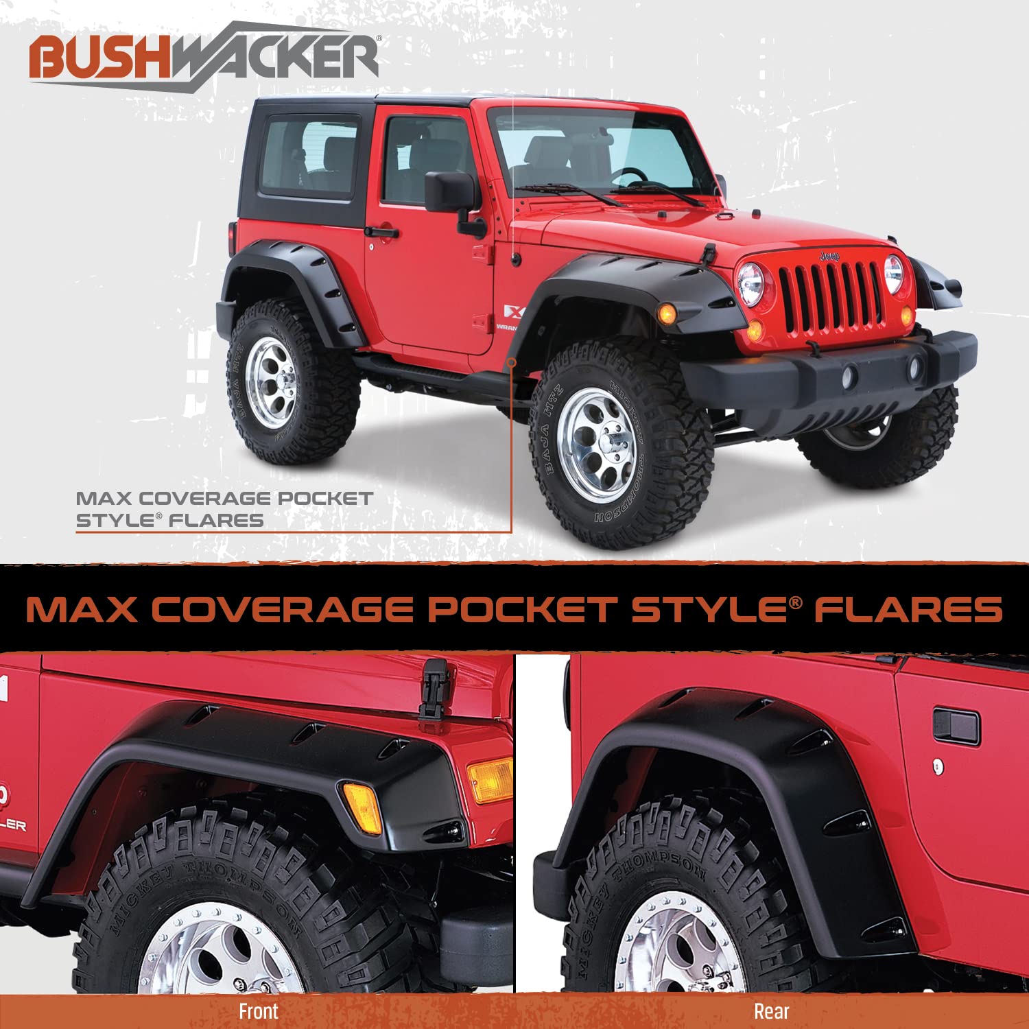 Bushwacker Max Coverage Pocket/Rivet Style Rear Fender Flares | 2-Piece Set, Black, Textured Finish | 10046-02 | Fits 2007-2018 Jeep Wrangler Jk Unlimited