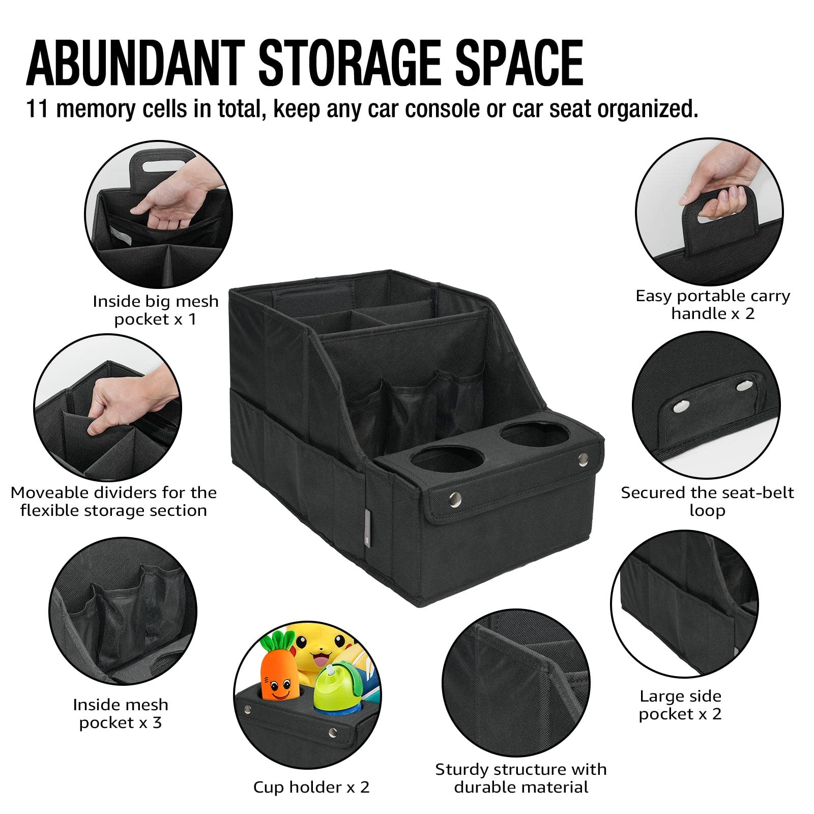 MULISOFT Car Seat Organizer - 11 Storage Compartments, 2 Cup Holders, L-Shape, Black, Model YXTO0001, Durable Material