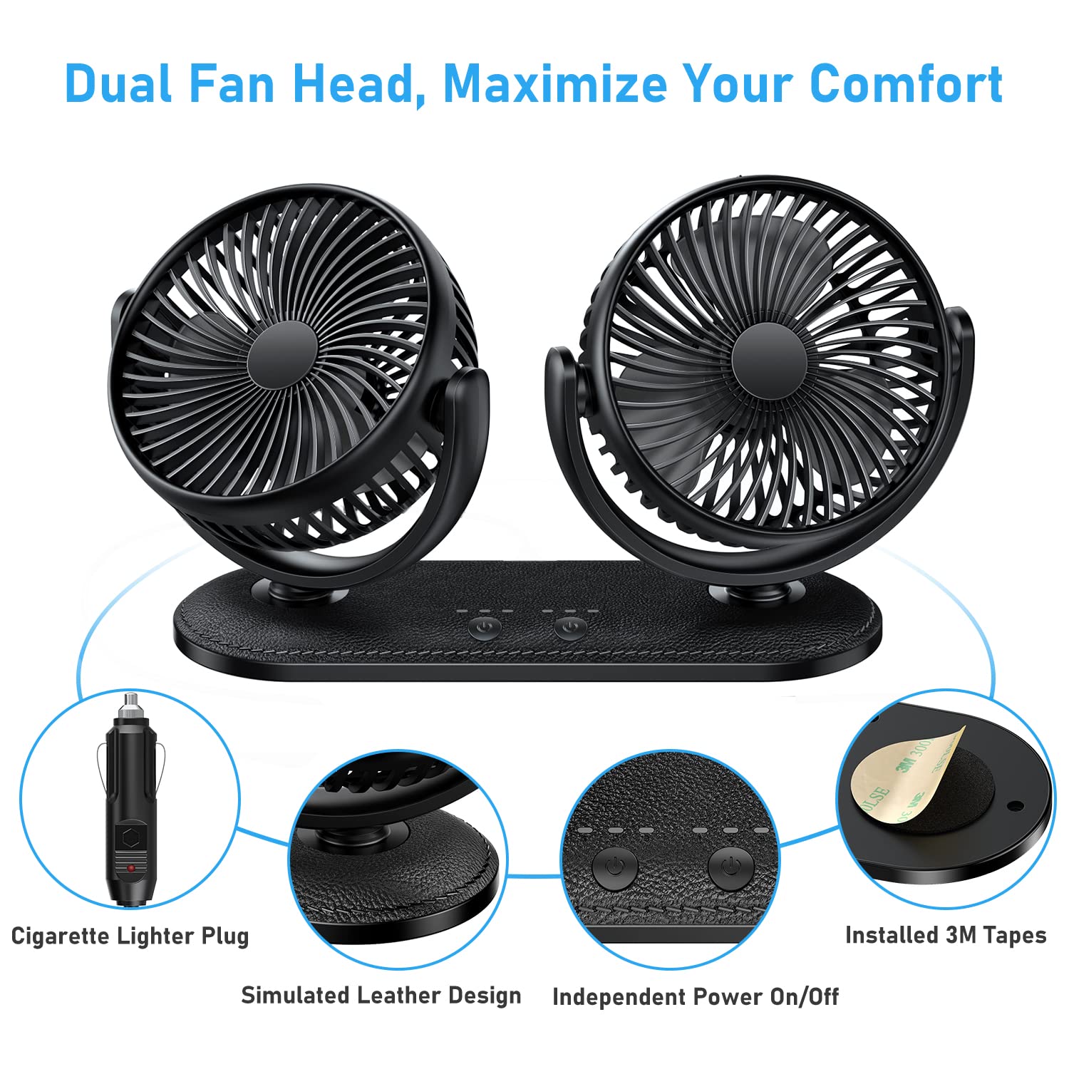 Tripole Car Fan 12V / 24V Portable Auto Cooling Dual Head Rotatable Vehicle Electric Fan For Car, Truck, Suv, Rv, Van, Boat, Gol