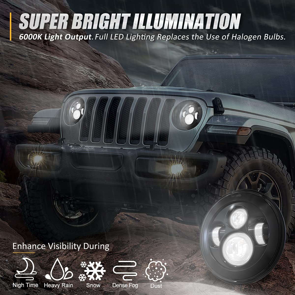Nuvision Lighting Nvl-Hl-001 7 Inches Led Projector Headlight High Low Beam Compatible With 97-17 Jeep Wrangler Jk Tj Lj Cj 18 W