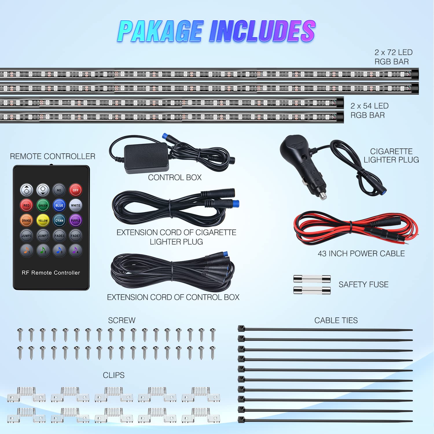 Nilight Car Underglow RGB Strip Lights - 4Pcs, 252 LEDs, Sound Active, Wireless Remote, PVC, TL-57, 8 Colors, 2 Year Warranty