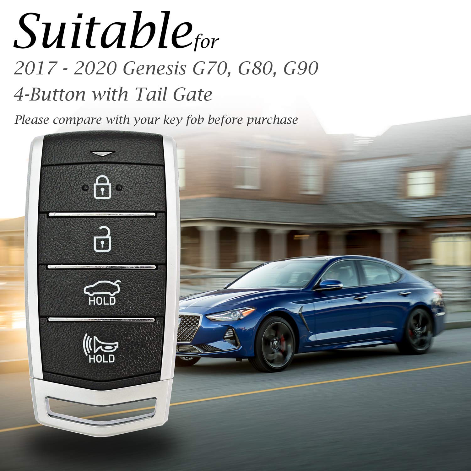 Vitodeco Genuine Leather Smart Key Fob Case Cover Protector With Leather Key Strap Compatible For 2017-2020 Genesis G70, G80, G9
