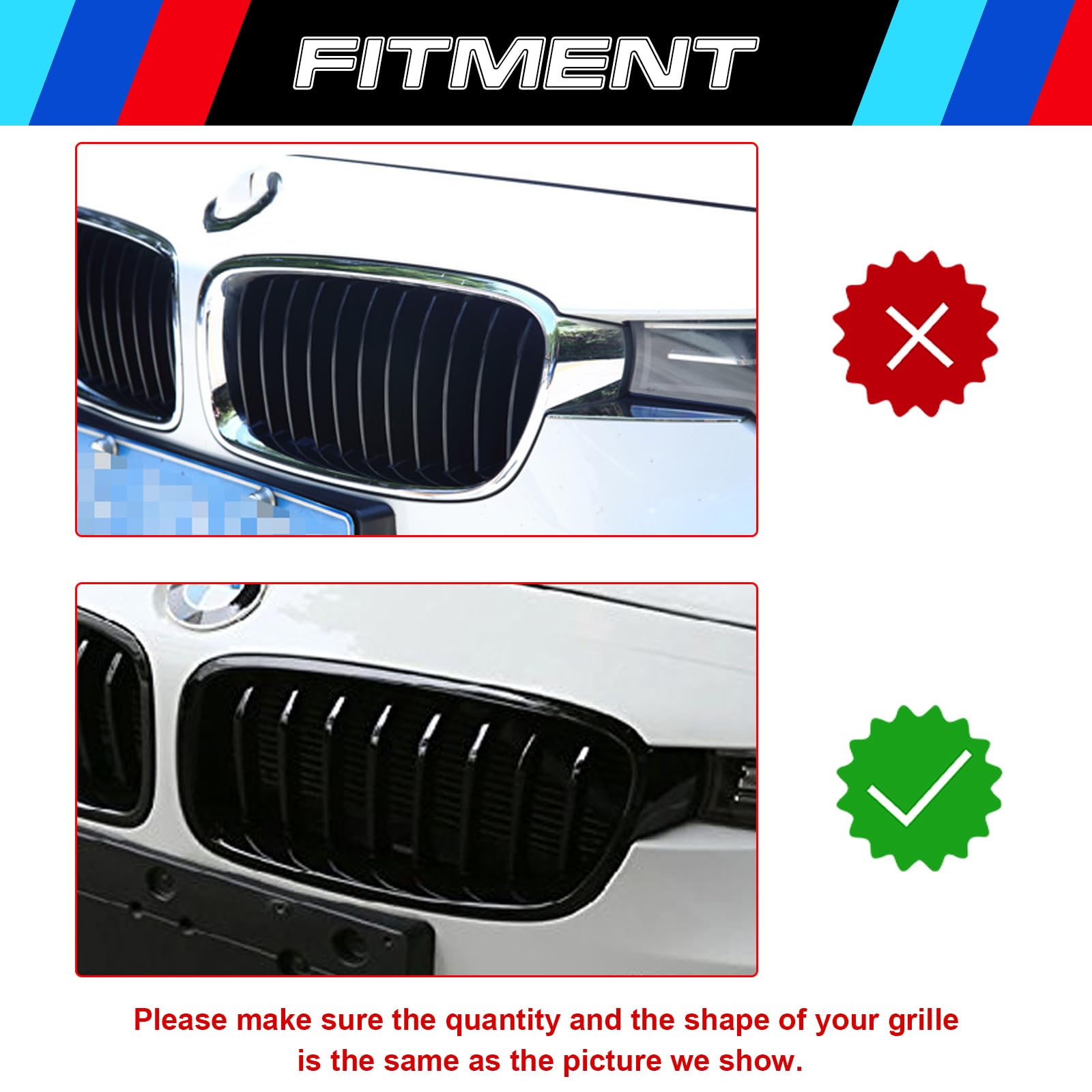 Xotic Tech M-Colored Tri Grille Insert Trims Strips, Front Center Kidney Grilles Compatible With Bmw 3 Series F30 F31 320I 328I
