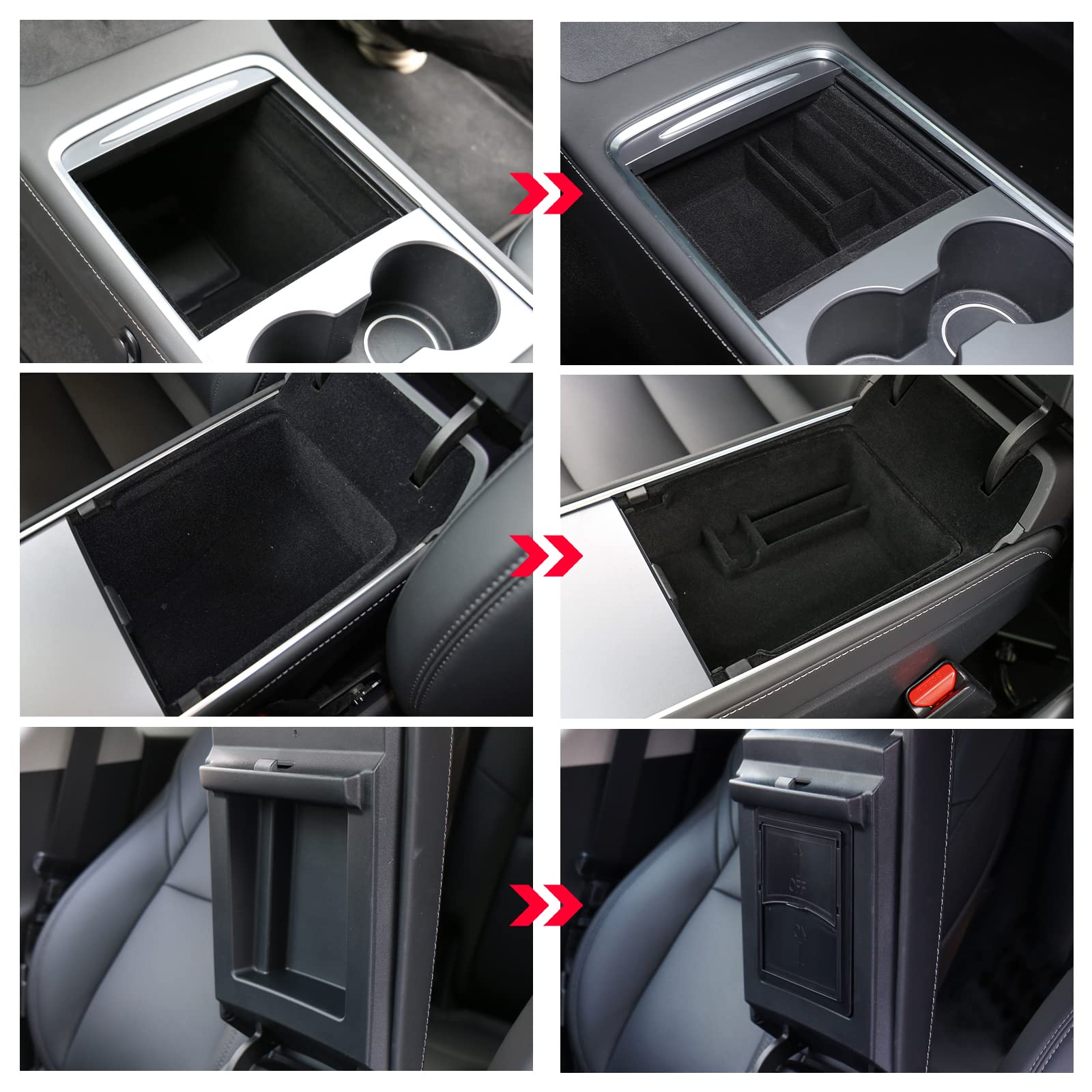 Carwiner 3Pc Center Console Organizer Tray For 2021-2022 2023 Tesla Model 3/Y Flocked Armrest Drawer Storage Box Interior Access