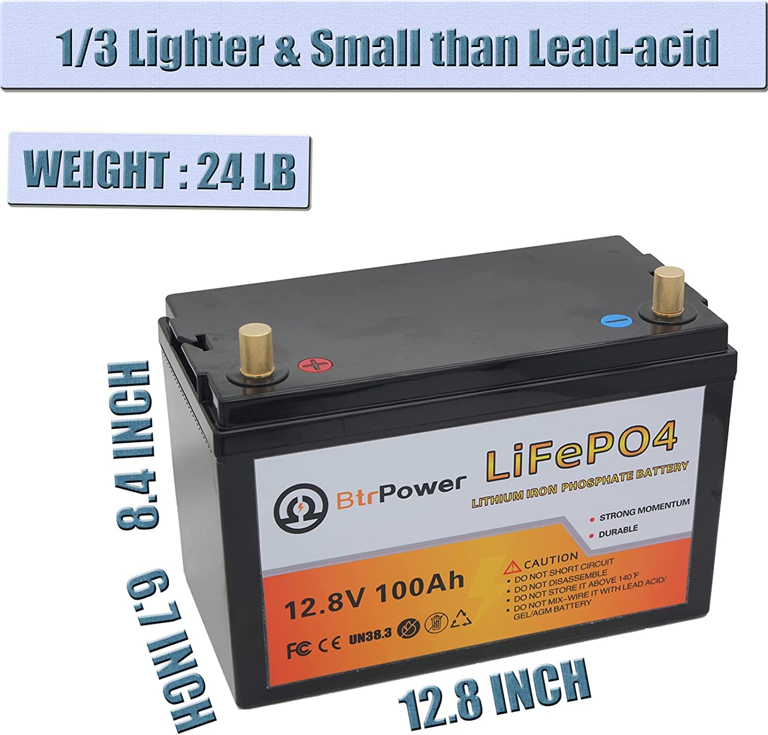 BtrPower 12V 100AH LiFePO4 Lithium Battery with 14.6V 10A Charger for RV, Off-Grid, Solar, Marine, Golf Cart, Deep Cycle