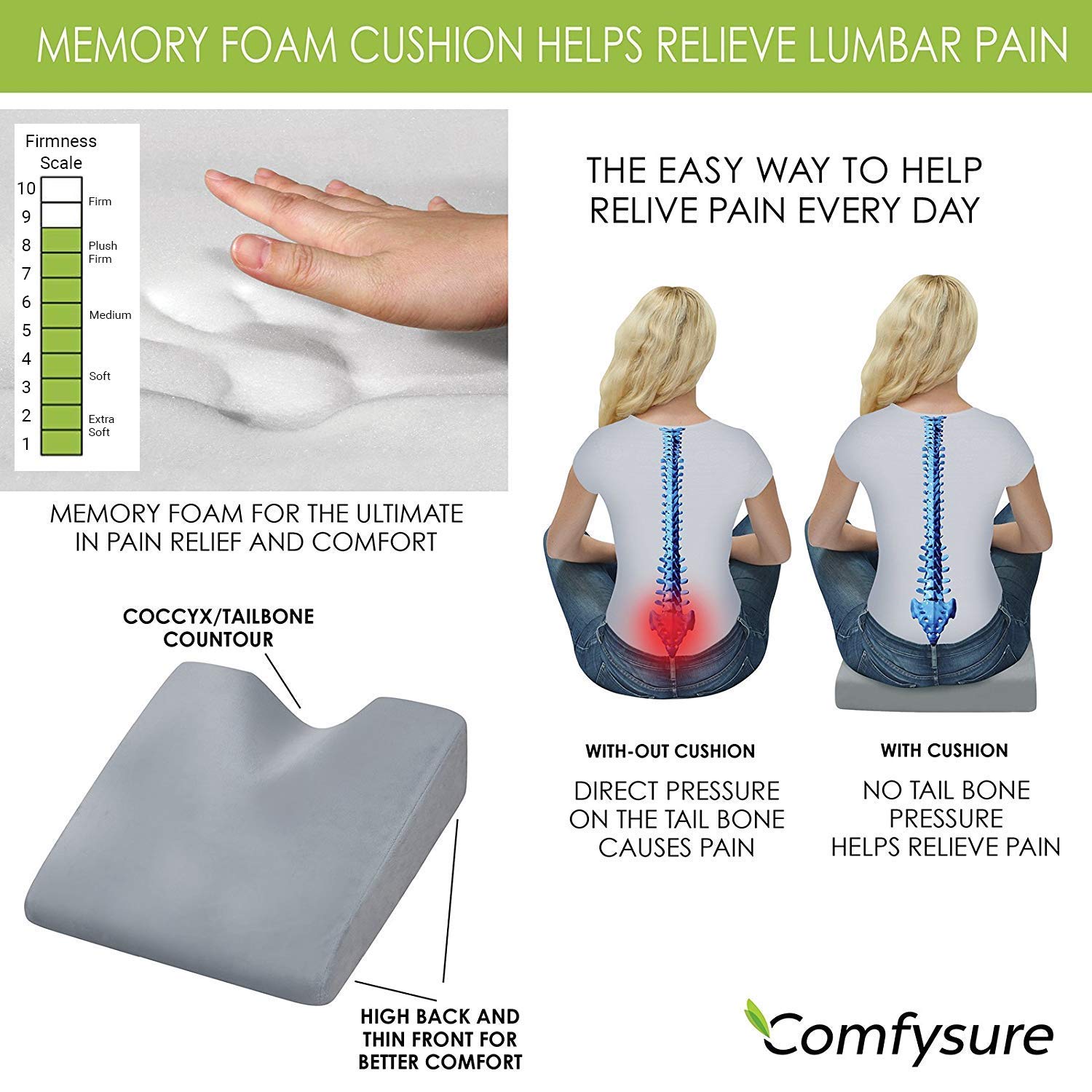 Comfysure Wedge Car Seat Cushion And Office Chair Cushion - Memory Foam Tailbone Pain Relief Cushion For Driving, Office Chair, Gaming Chair - Orthopedic Support For Lower Back, Tailbone, Coccyx, Hips
