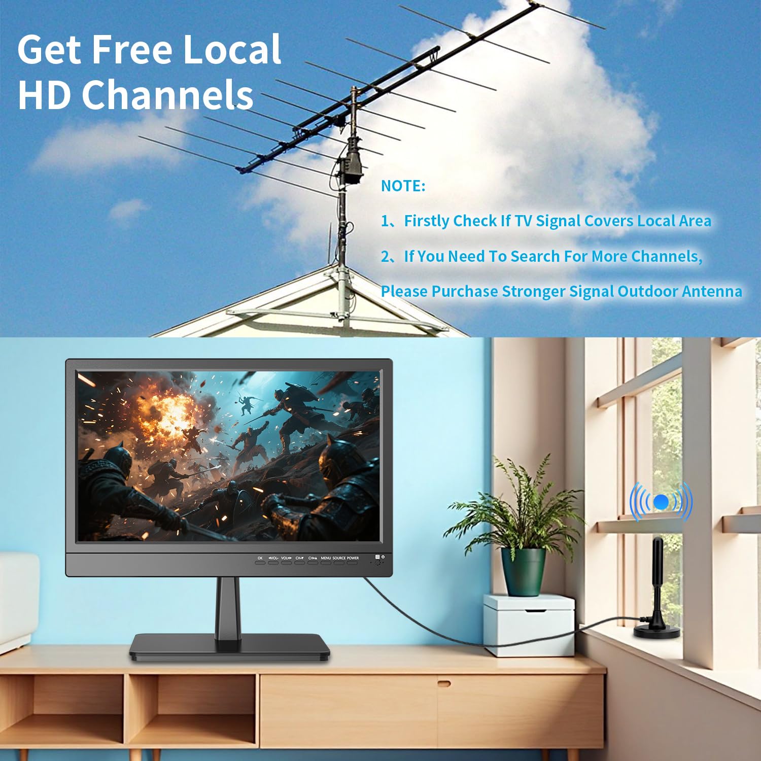 Jexiop 16-Inch Flat Screen TV - Full HD 1080P, Remote Control, Black, Dual Power DC-12V & AC Adapter for Kitchen & RV