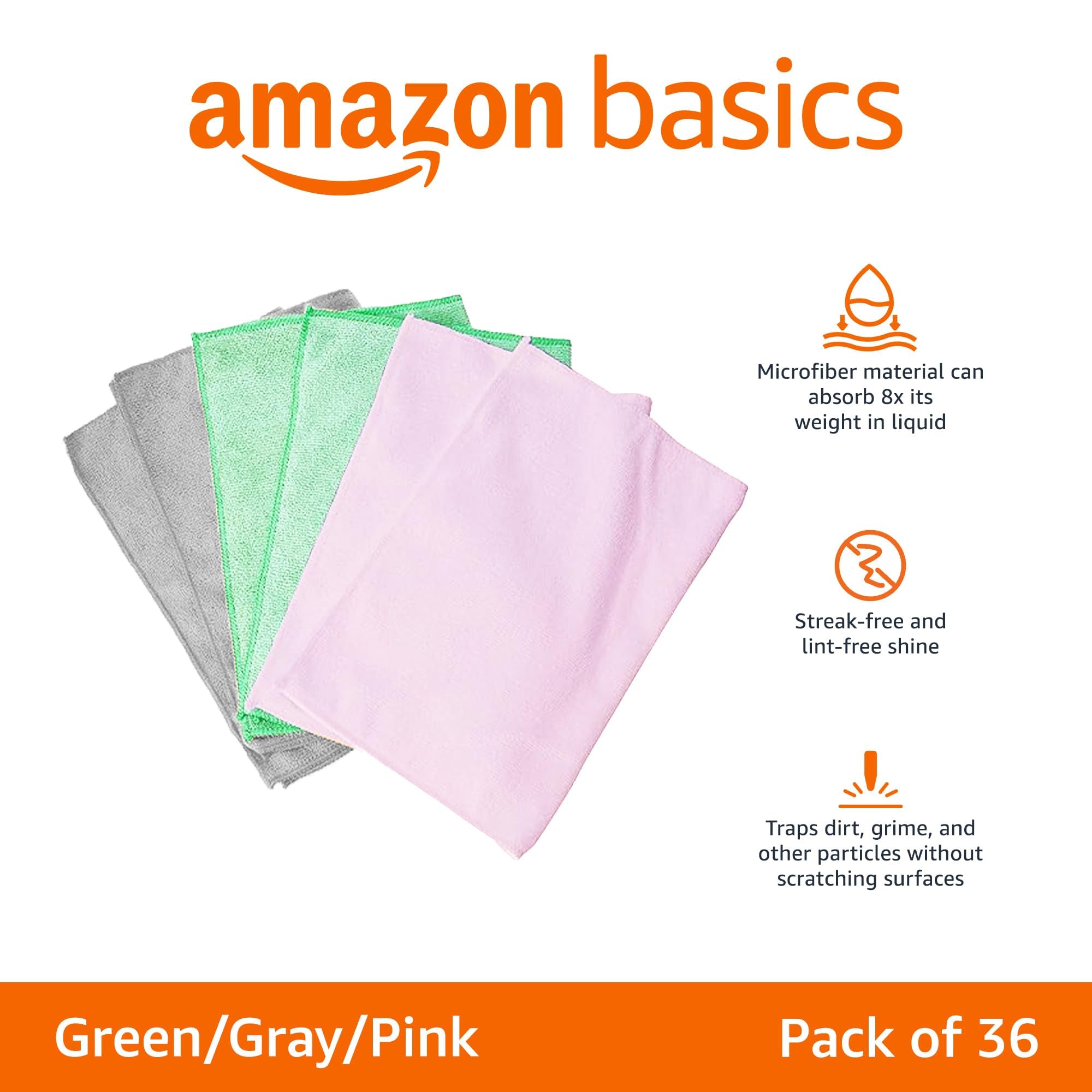 Amazon Basics Microfiber Cleaning Cloths, Non-Abrasive, Reusable And Washable, Pack Of 36, Green/Gray/Pink, 16'' X 12''