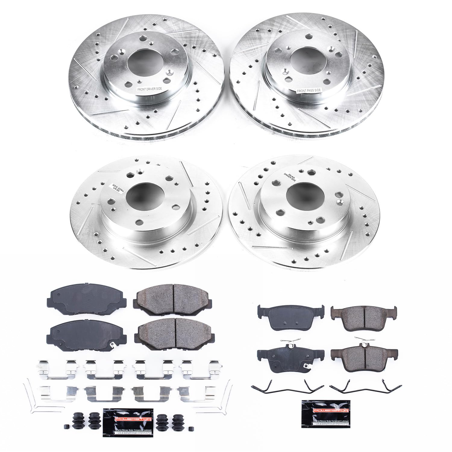 Power Stop K7574 Front And Rear Z23 Carbon Fiber Brake Pads With Drilled And Slotted Brake Rotors Brake Kit For Honda Civic