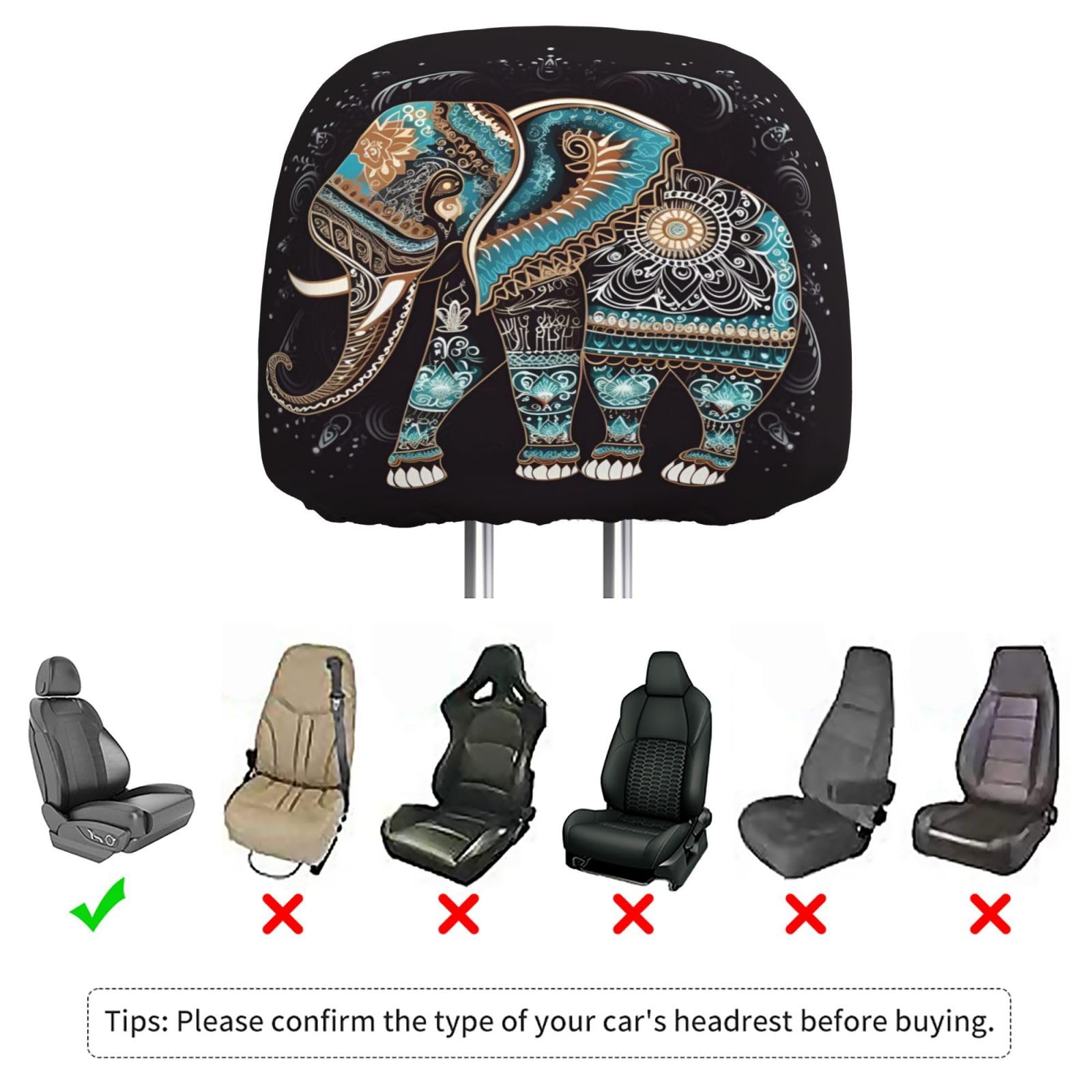 Dujiea 2 Pack Mandala Tribe Elephant Car Headrest Covers, Universal Soft Car Seat Head Rest Cover Protector, Vehicle Accessories