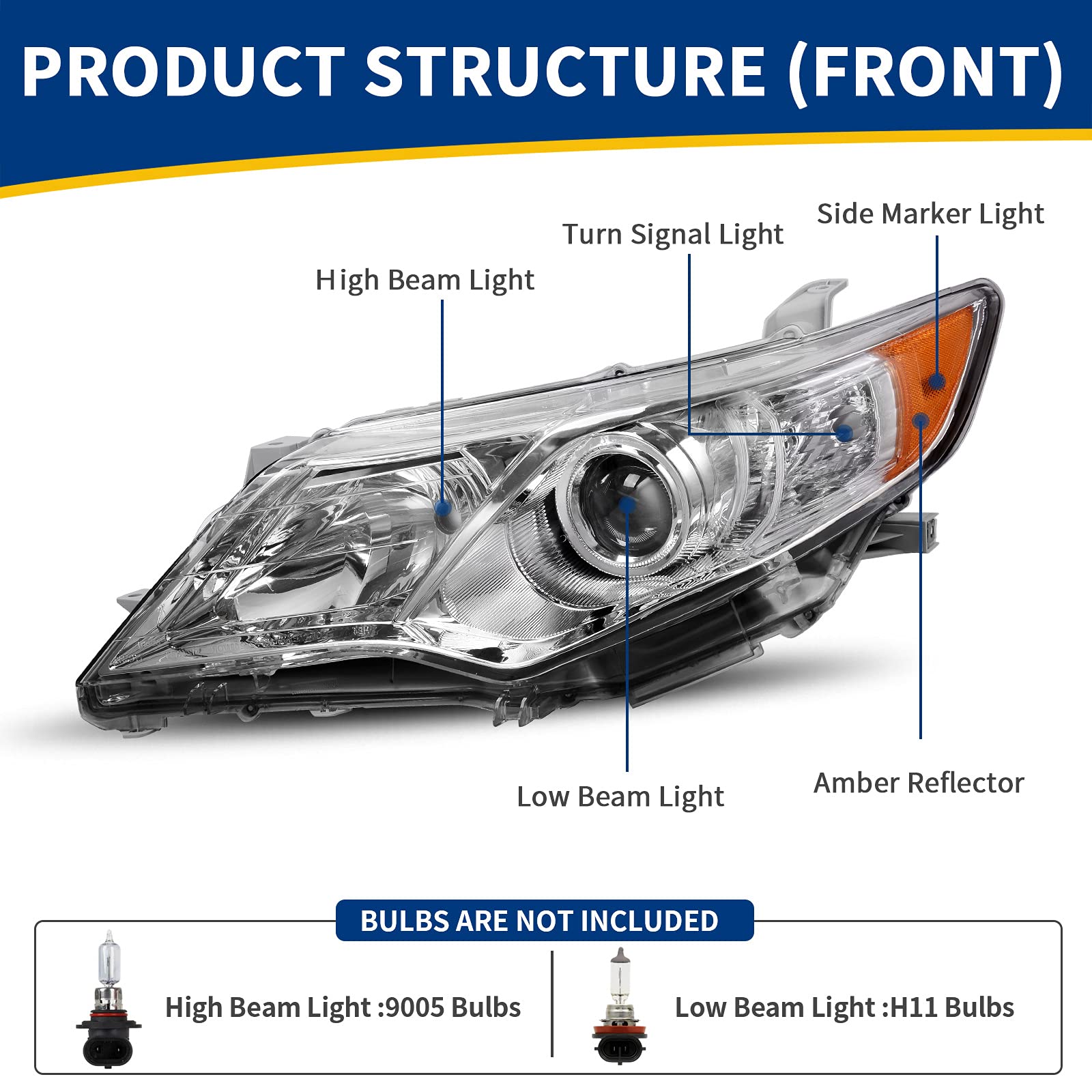 Autosaver88 Headlight Assembly Compatible With 2012-2014 Camry L/Le/Xle/Hybrid Le Xle 12 13 14 Camry Headlamp Replacement Chrome