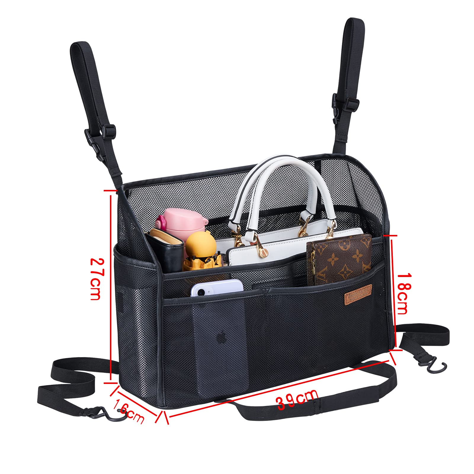WLLWOO Car Net Pocket Handbag Holder - Between Seats Organizer, Polyethylene/Polyurethane, Front Seat Storage, Net Color