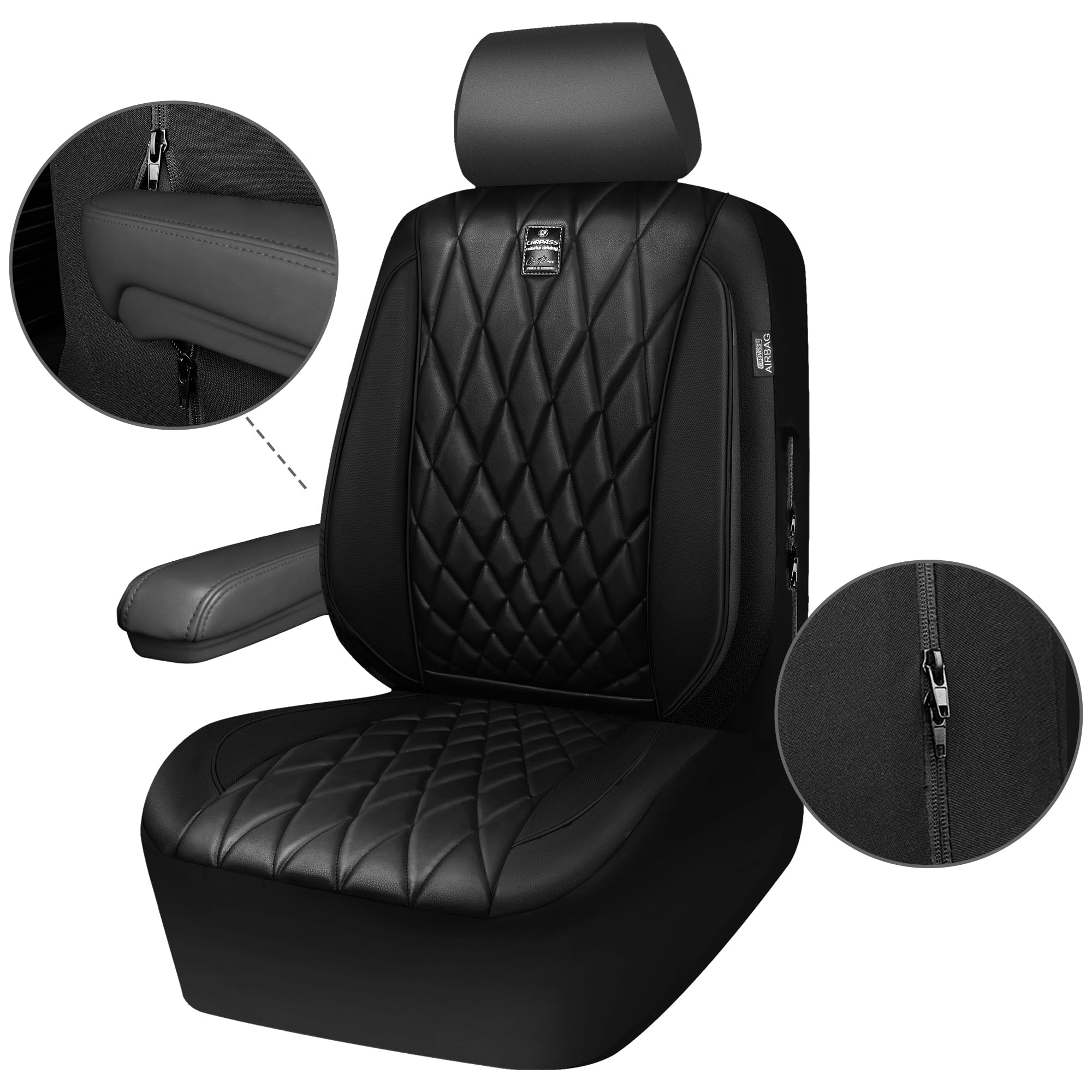 Car Pass 5 Seats Piping Luxury Faux Leather Seat Covers Full Set, Anti-Slip Waterproof Seat Covers Compatible With Front Armrest